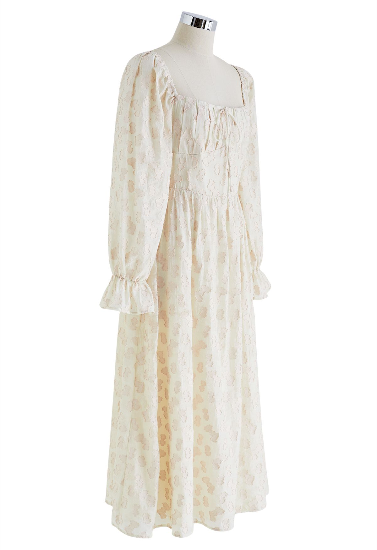 Square Neck Cloud Jacquard Midi Dress in Cream
