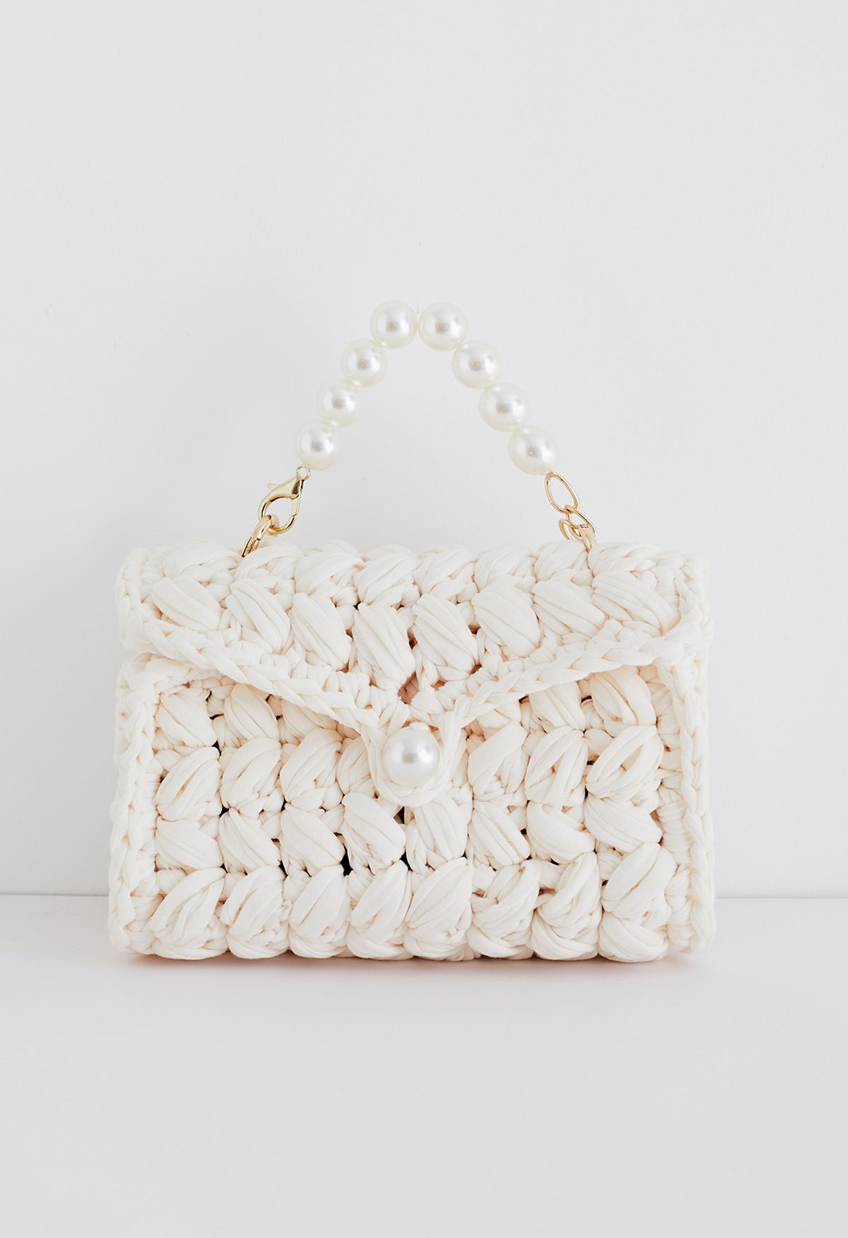 Pearl Chain Braided Chunky Knit Mini Bag in Cream