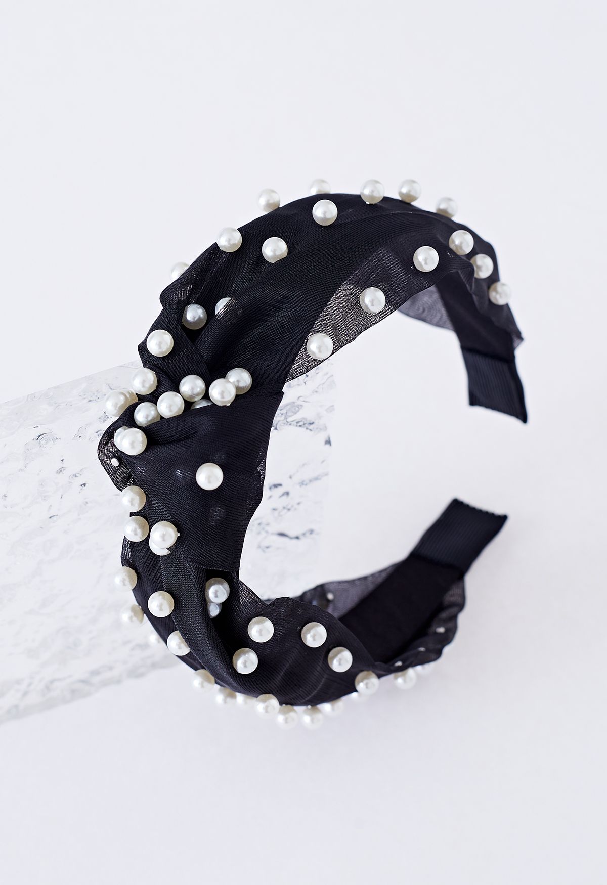 Twisted Organza Full Pearl Headband in Black