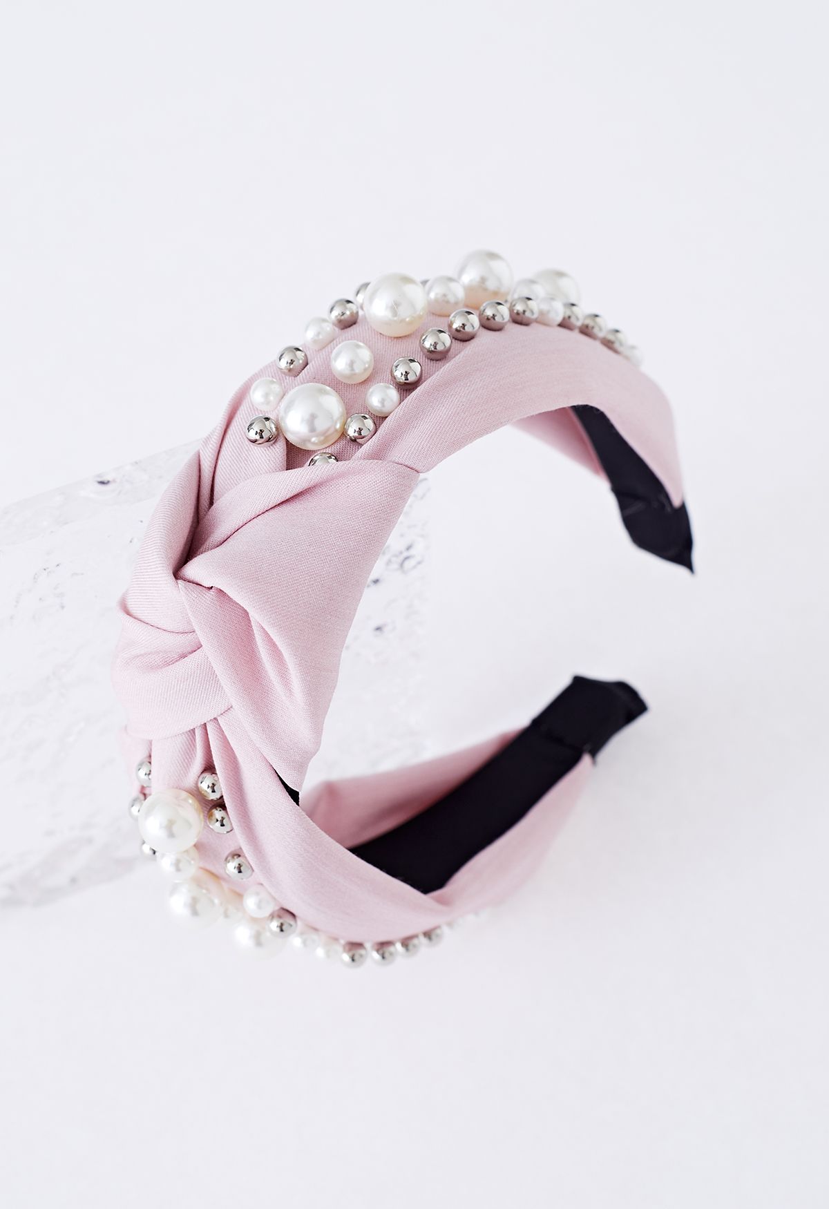 Pearl Decor Beaded Cloth Headband in Pink