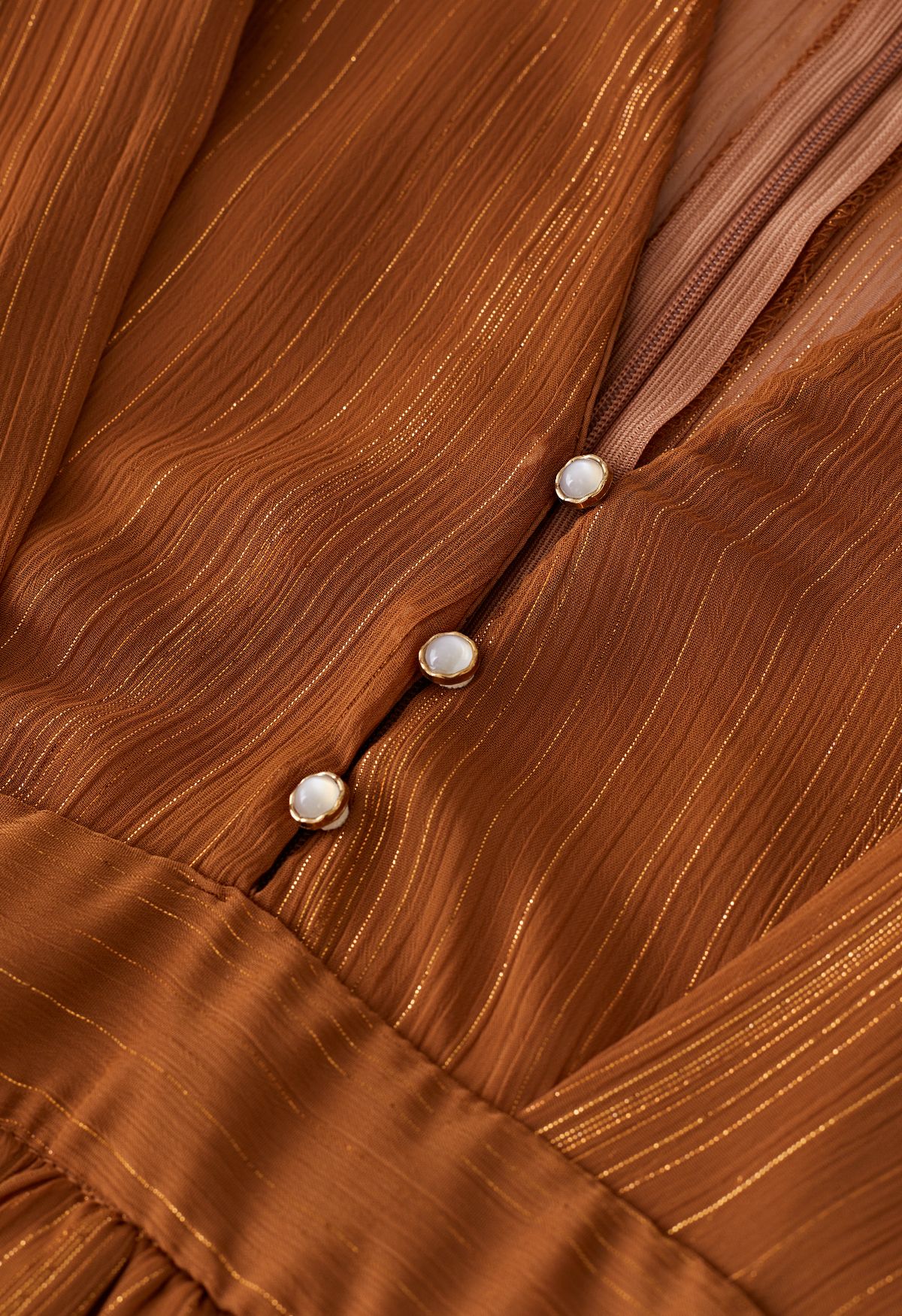 Metallic Shimmer Chiffon Ruffle Sleeve Maxi Dress in Rust