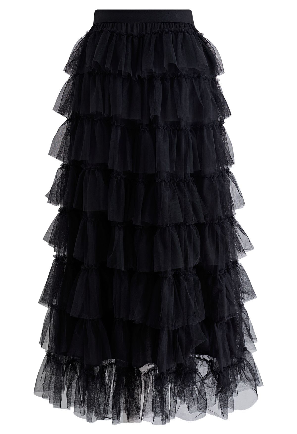 Ruffle Tiered Tulle Mesh Maxi Skirt in Black