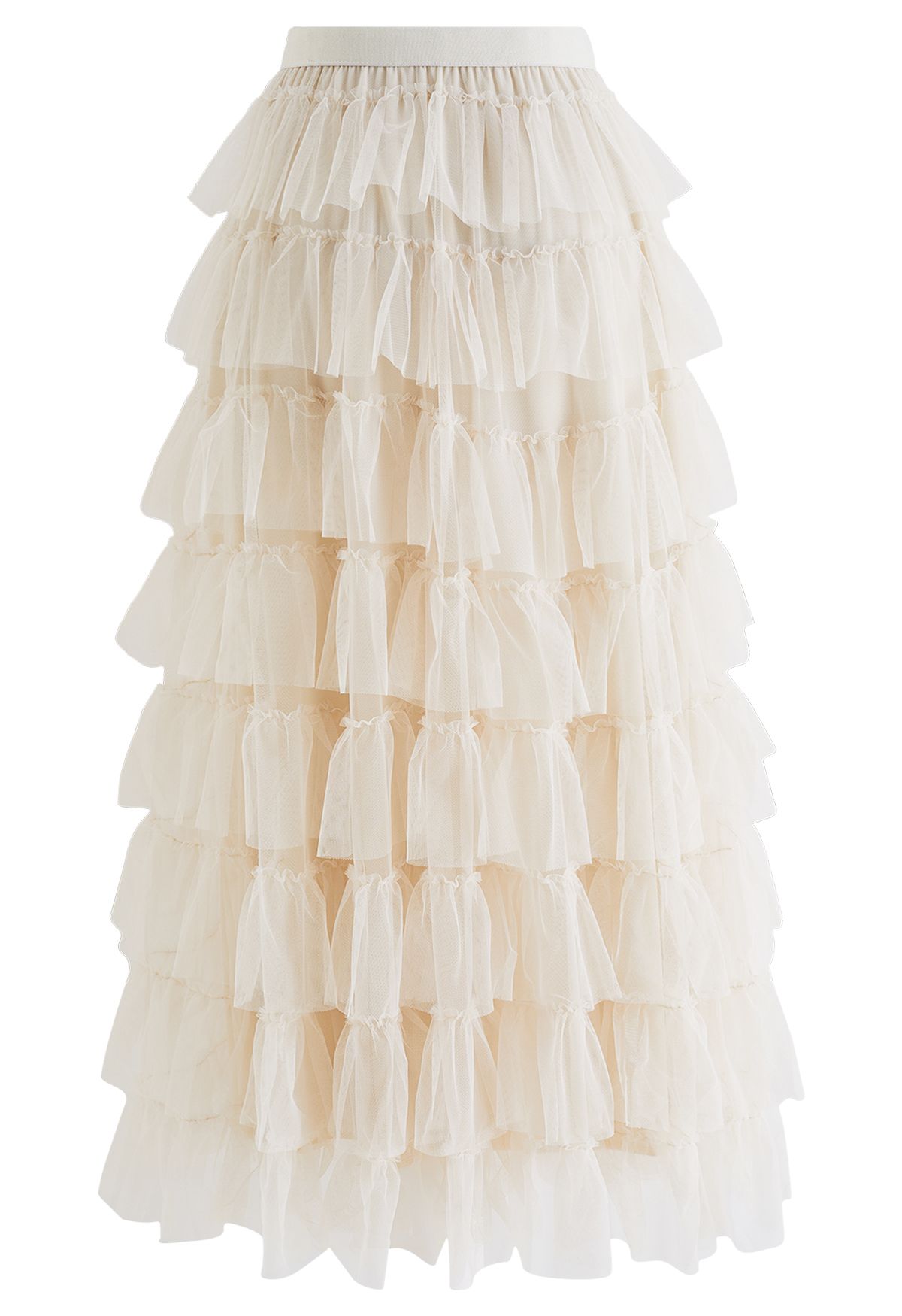Ruffle Tiered Tulle Mesh Maxi Skirt in Cream