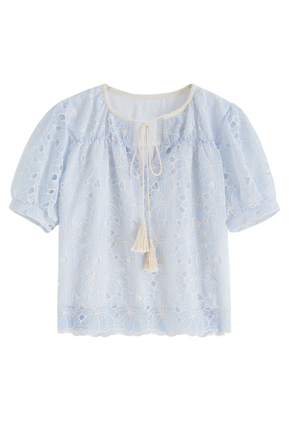 Daisy Embroidery Tassel Dolly Top in Baby Blue