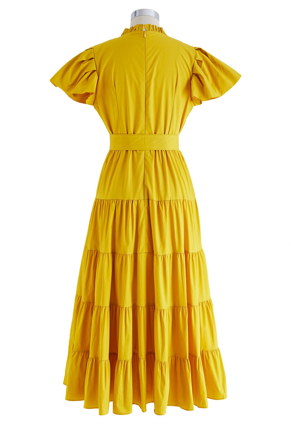 V-Neck Flutter Sleeve Ruffle Cotton Dress in Mustard