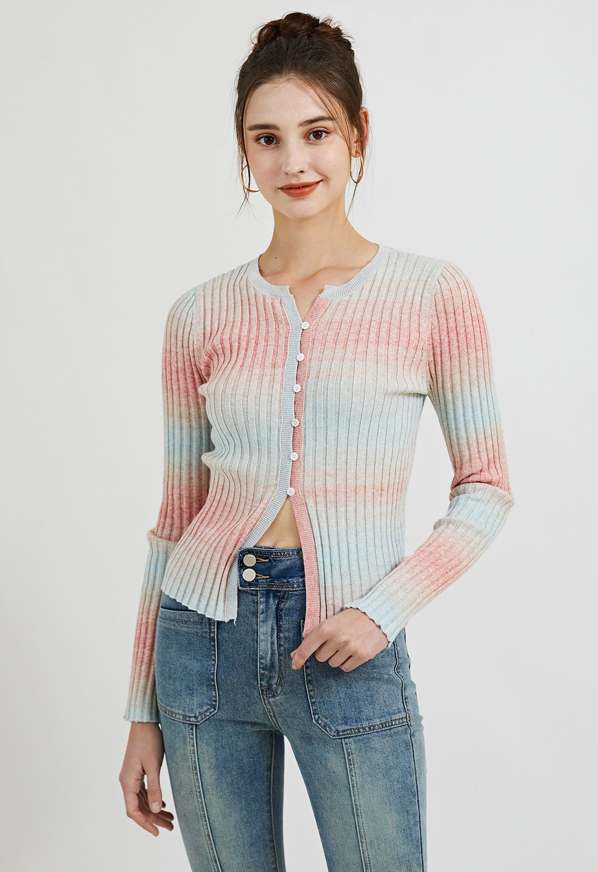Ombre Rib Knit Button Up Top