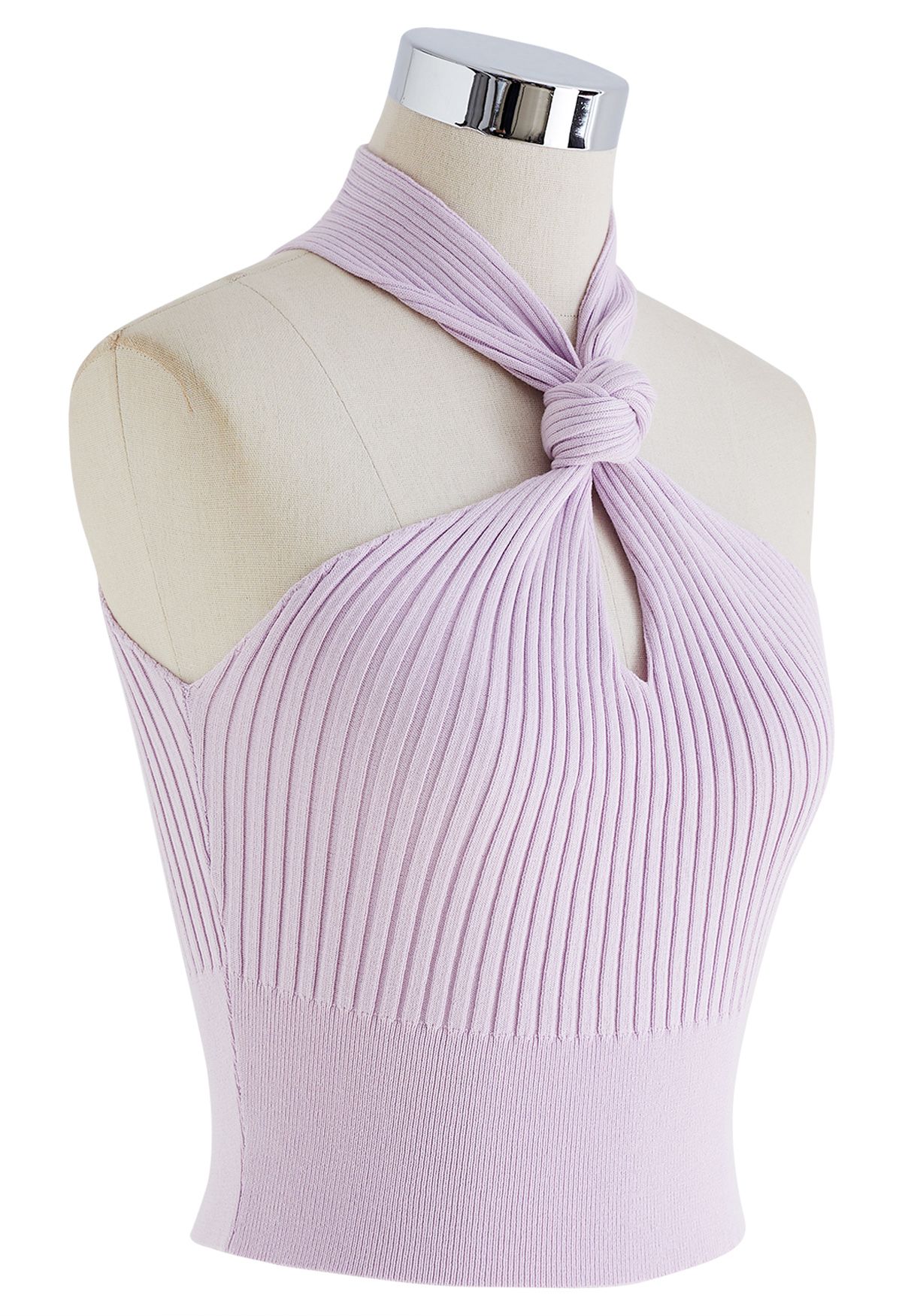 Knot Halter Neck Knit Crop Top in Lilac