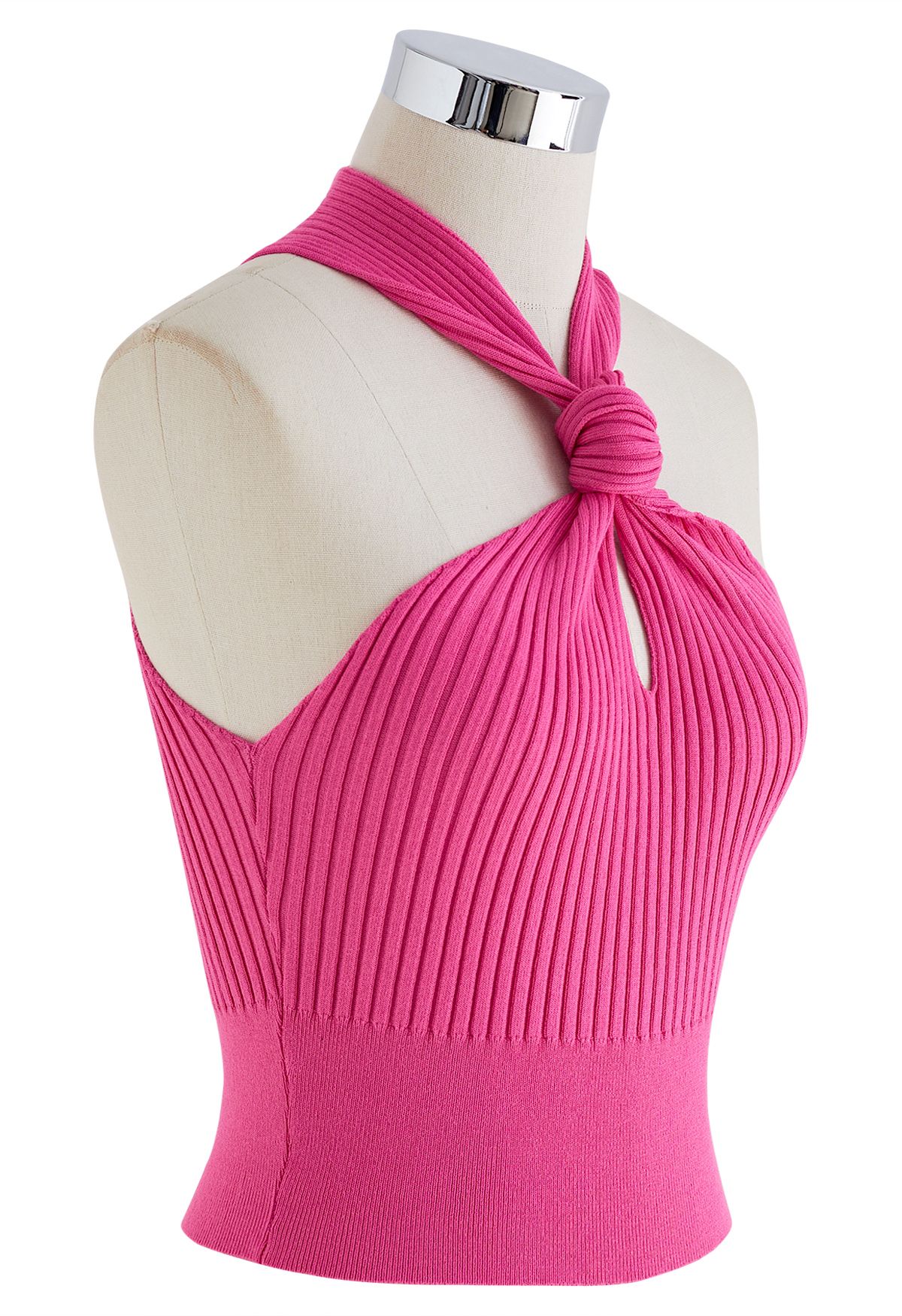 Knot Halter Neck Knit Crop Top in Hot Pink