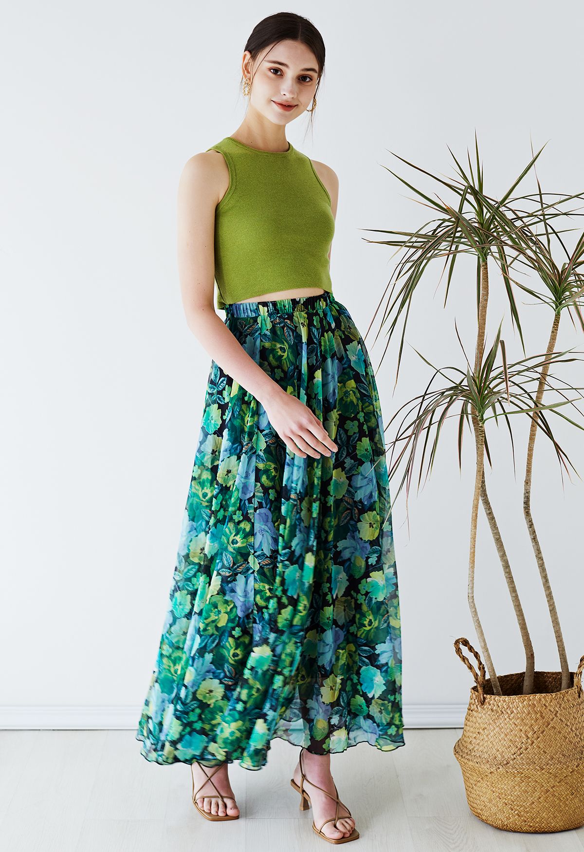 Vibrant Green Floral Chiffon Maxi Skirt