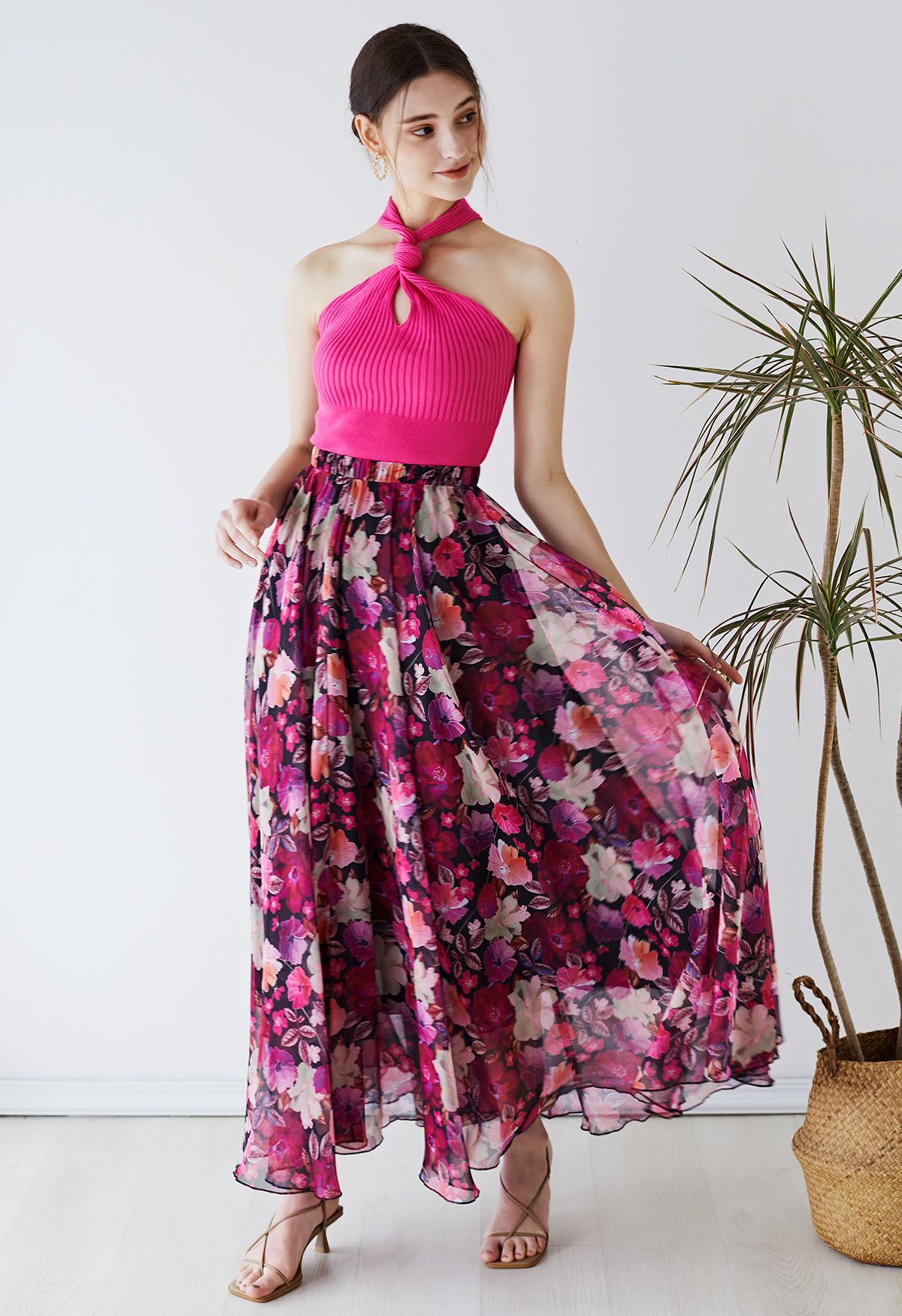 Vibrant Pink Floral Chiffon Maxi Skirt