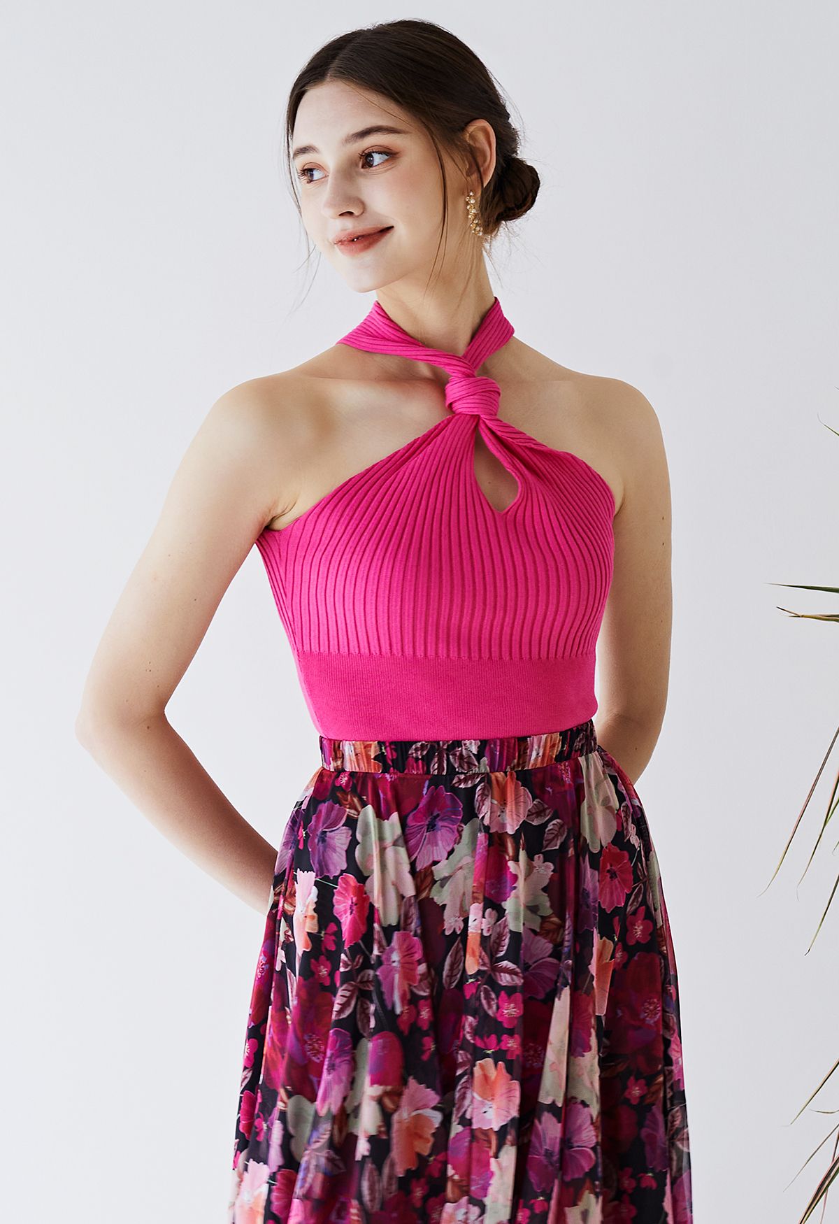 Knot Halter Neck Knit Crop Top in Hot Pink