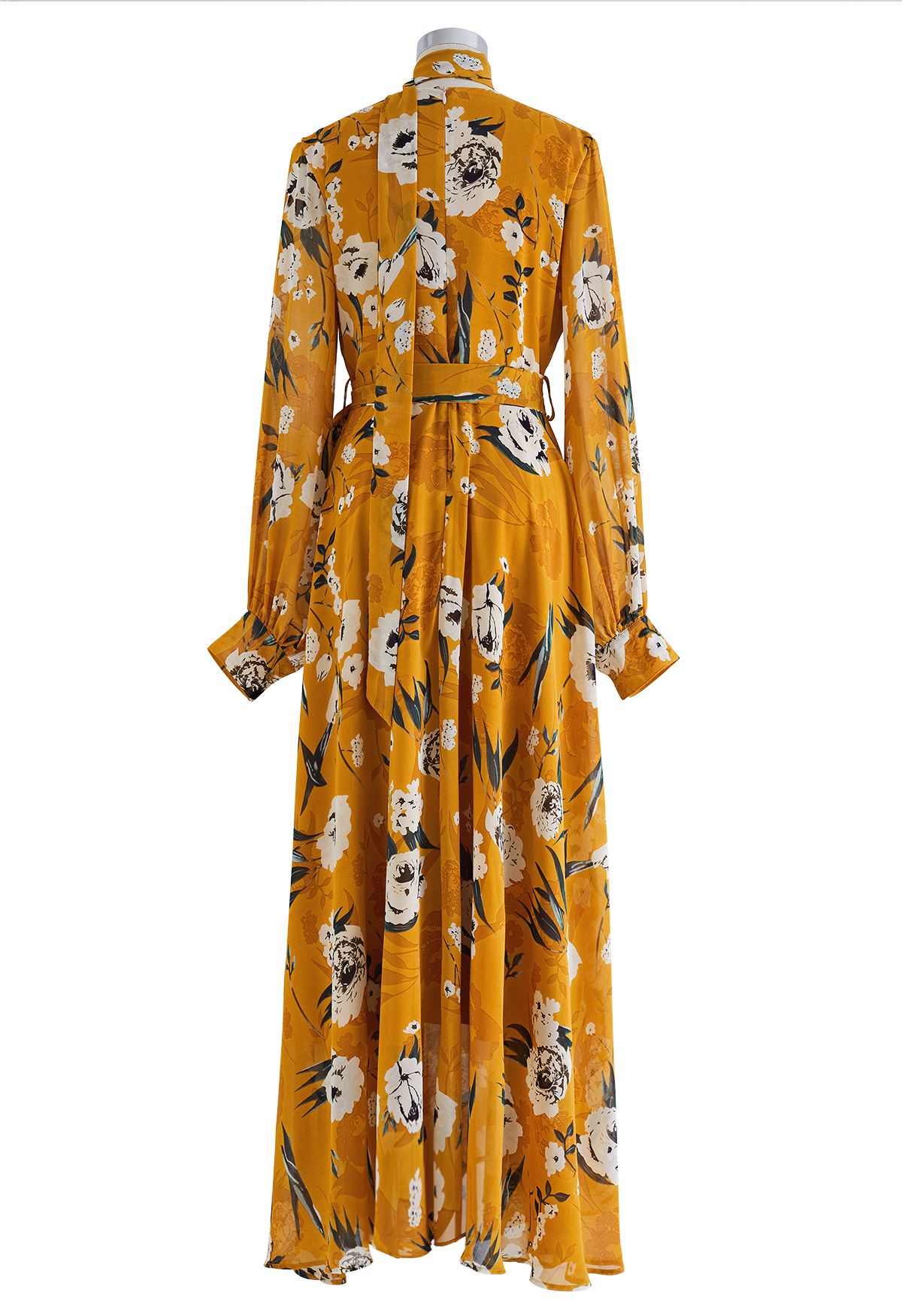 Scarf Plunging Vernal Blossom Chiffon Maxi Dress in Orange - Retro ...