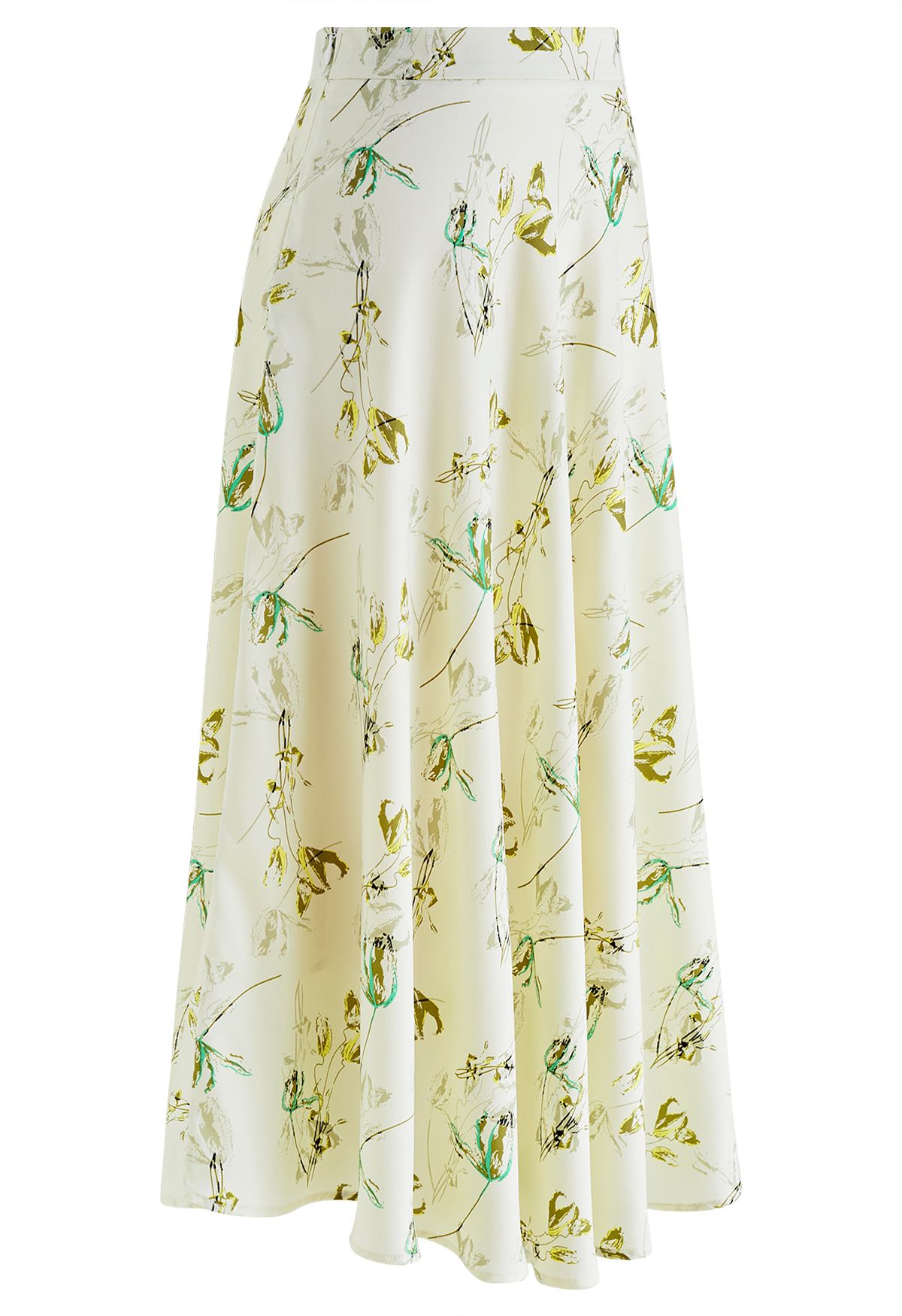 Tulip Print Satin Maxi Skirt in Pistachio