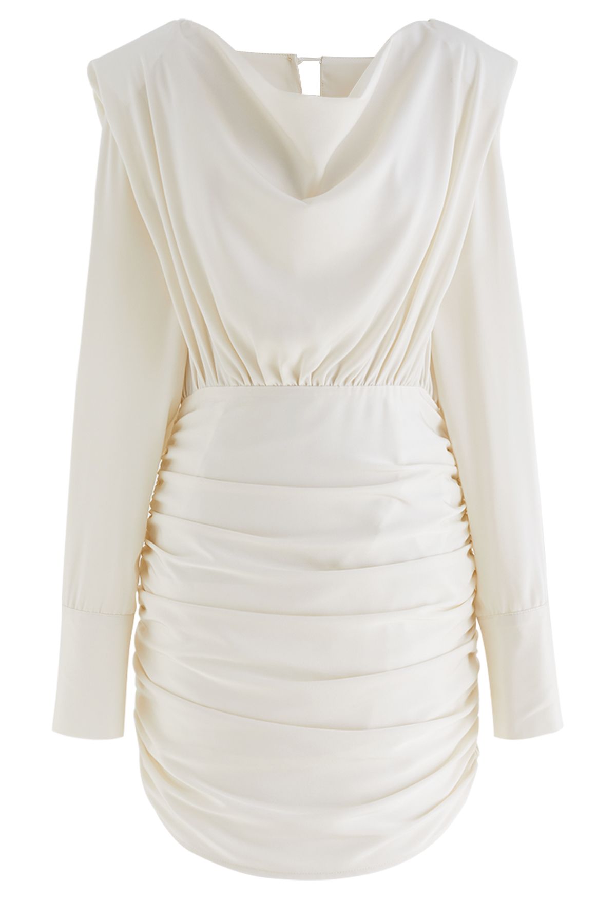 Padded Shoulder Cowl Neck Ruched Satin Dress in Cream