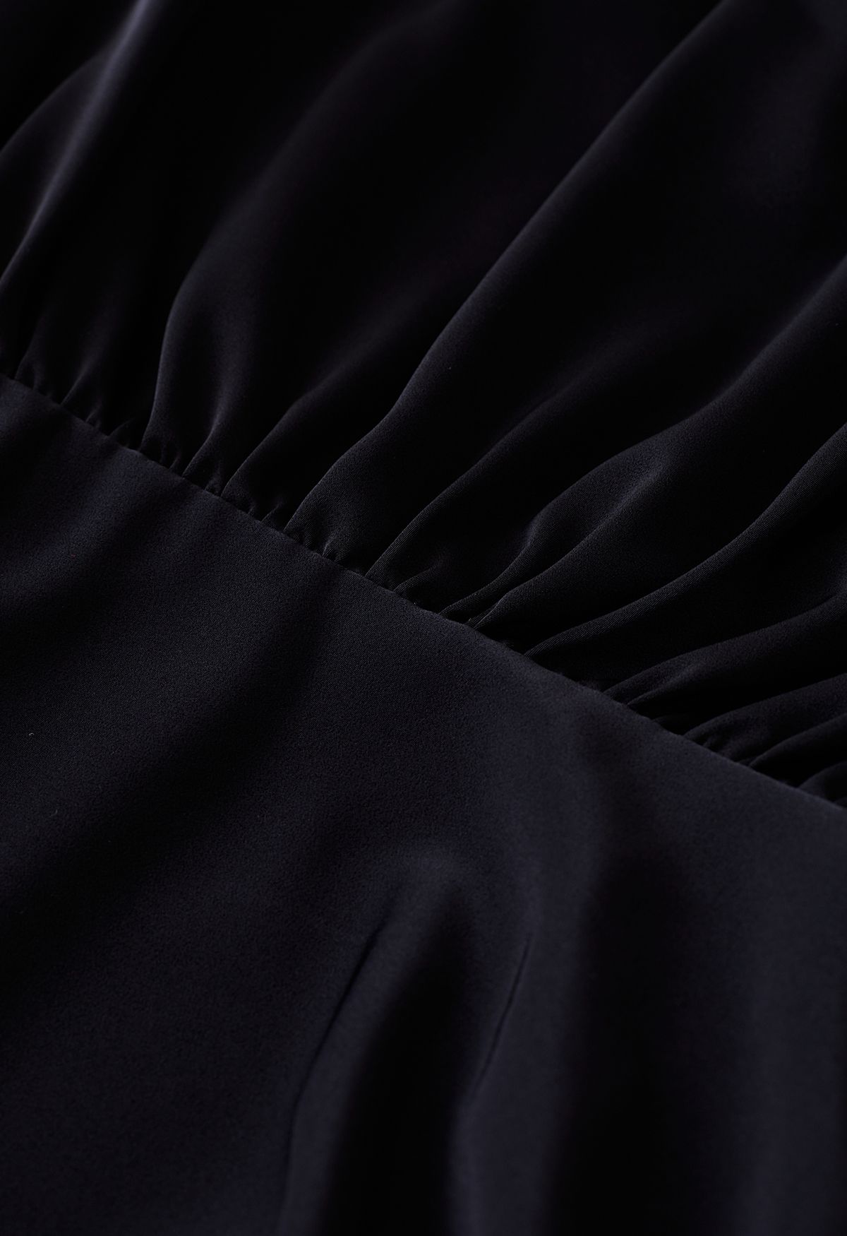 Padded Shoulder Cowl Neck Ruched Satin Dress in Black
