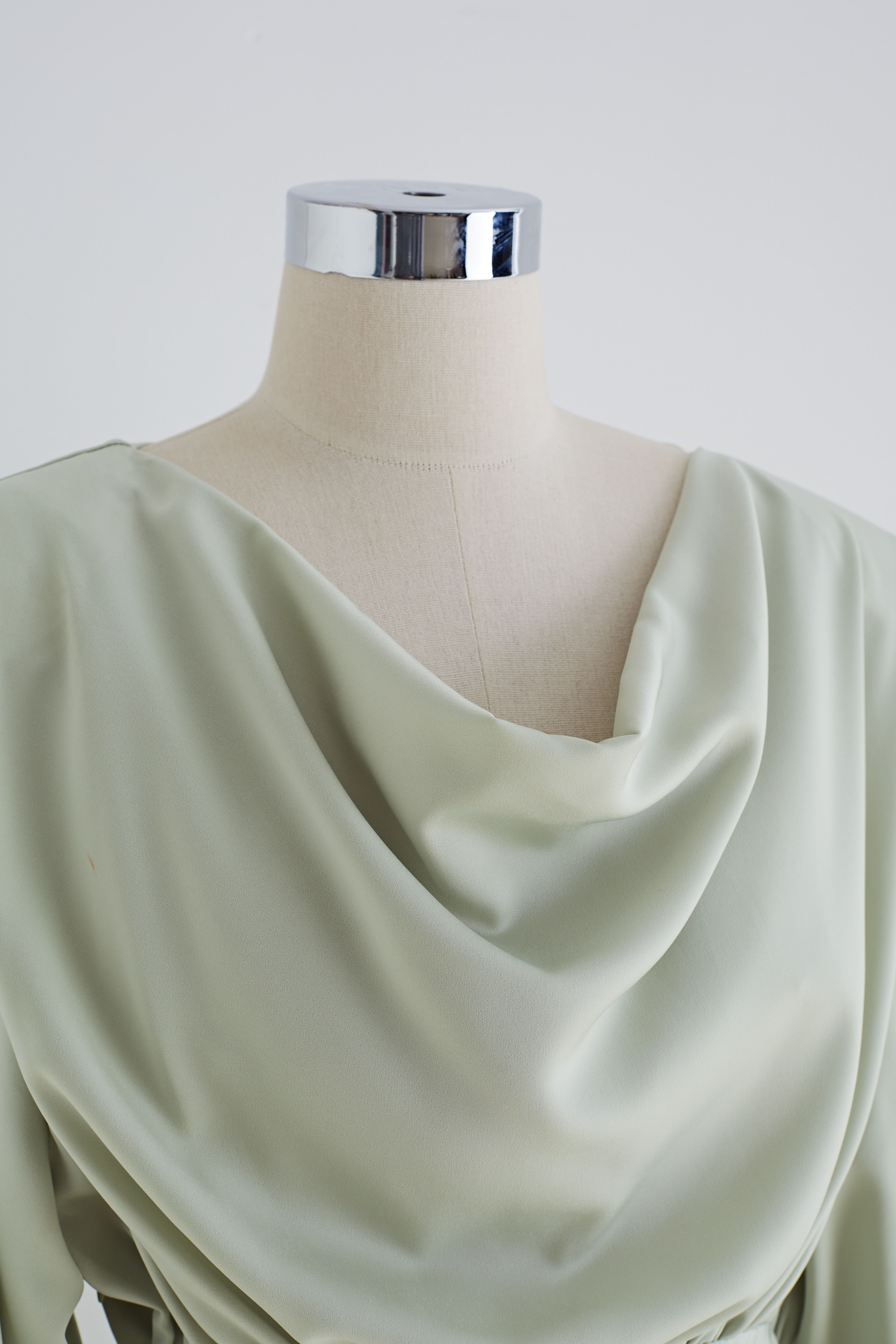Padded Shoulder Cowl Neck Ruched Satin Dress in Mint