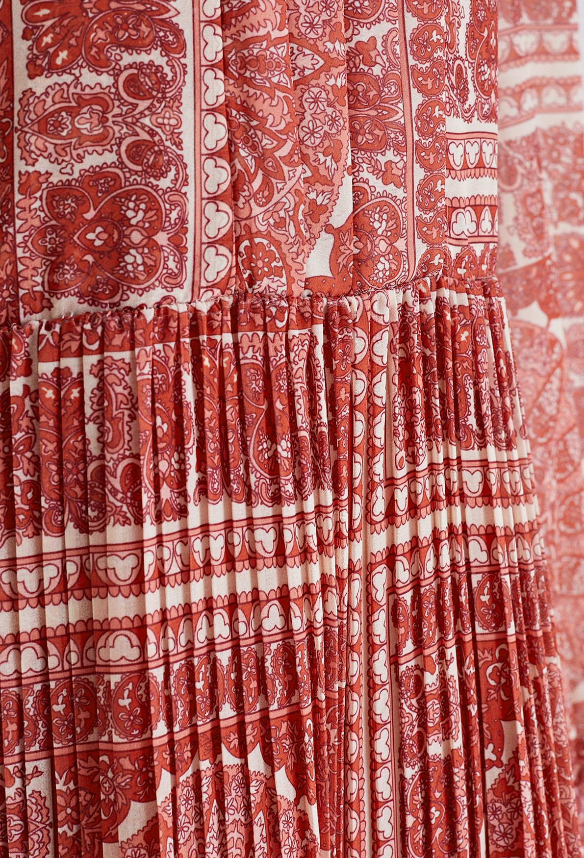 Boho Paisley Pleated Chiffon Midi Dress in Rust Red