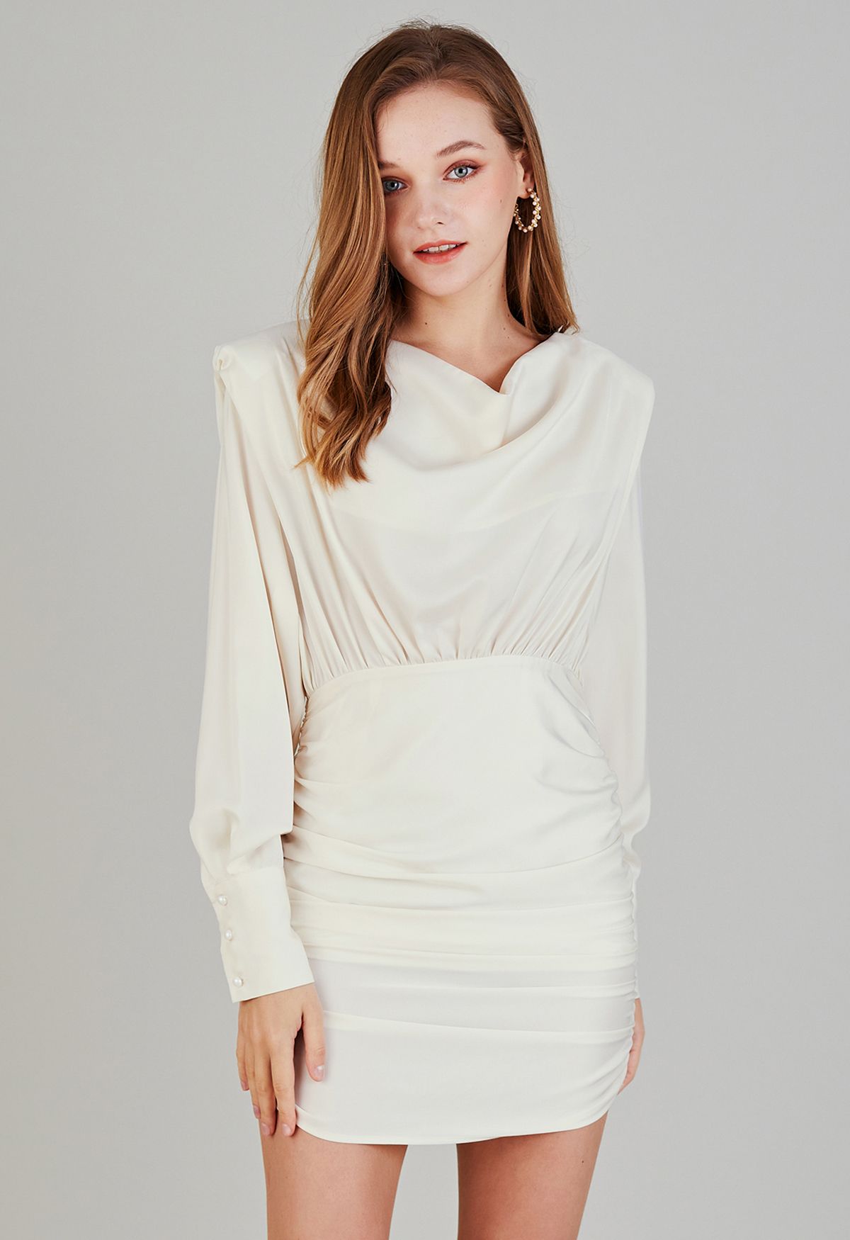 Padded Shoulder Cowl Neck Ruched Satin Dress in Cream