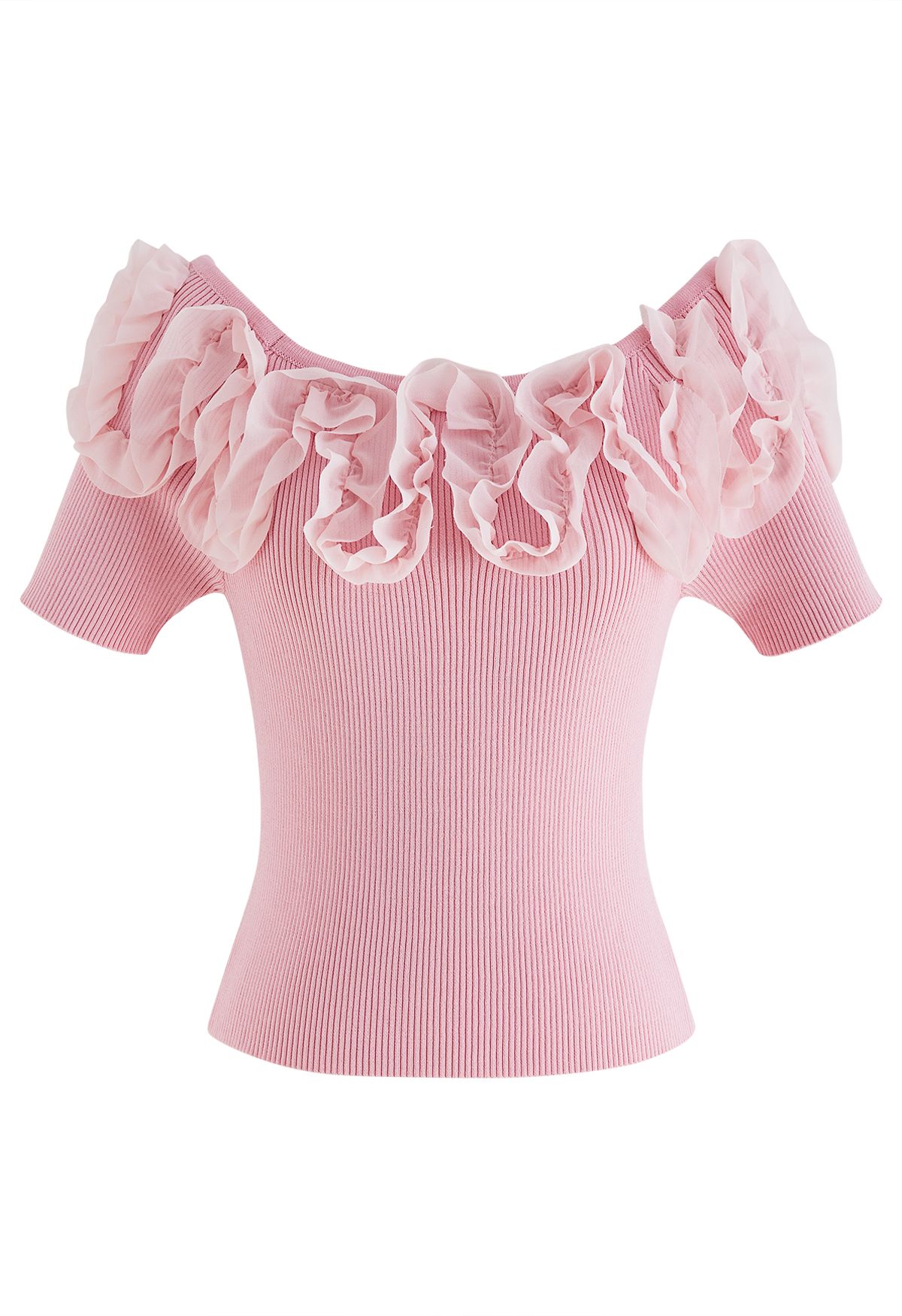 Ruffle Mesh Boat Neck Knit Top in Pink