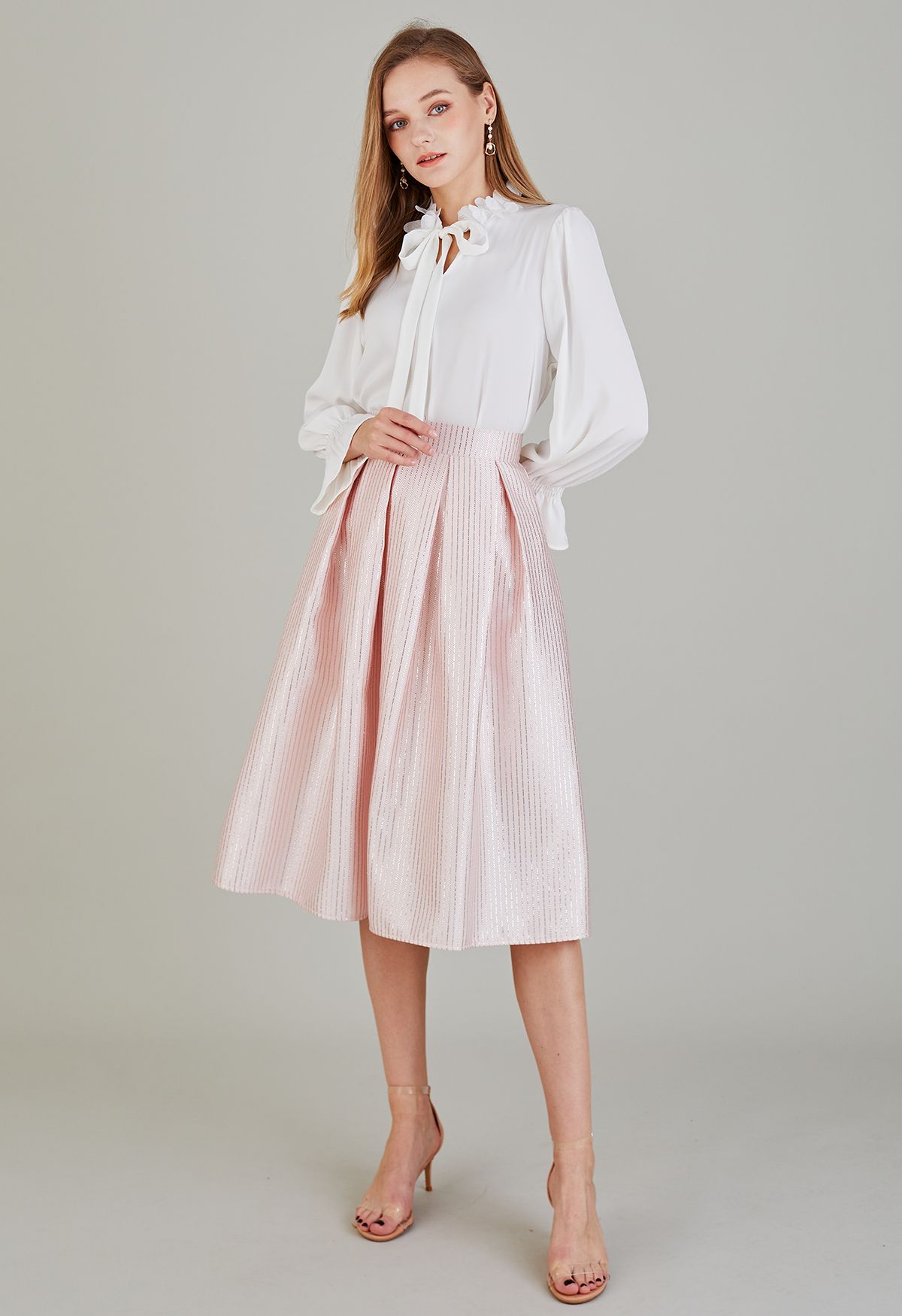 Glitter Line Jacquard Pleated Midi Skirt