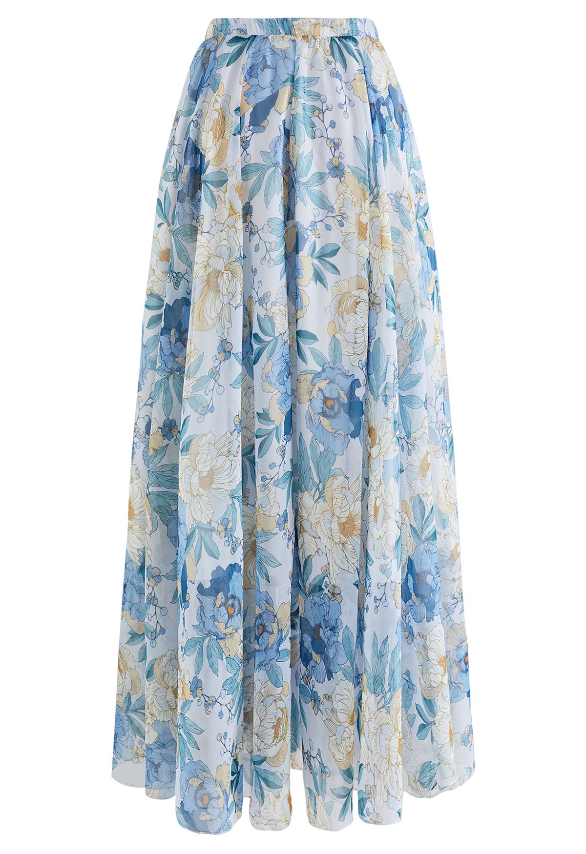 Bluish Floral Fresh Aroma Chiffon Maxi Skirt