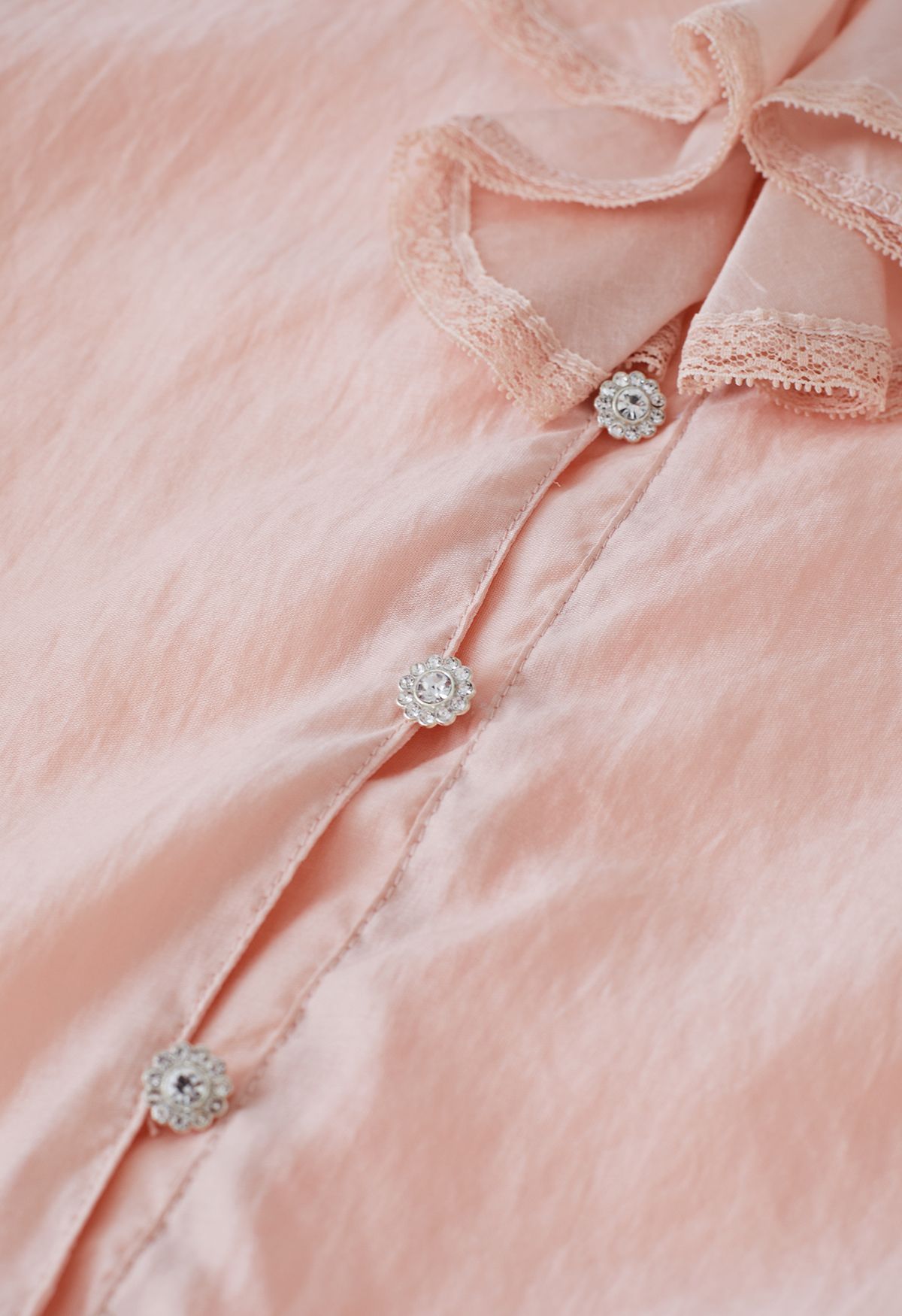 Ruffle V-Neck Tie-String Sheer Shirt in Peach