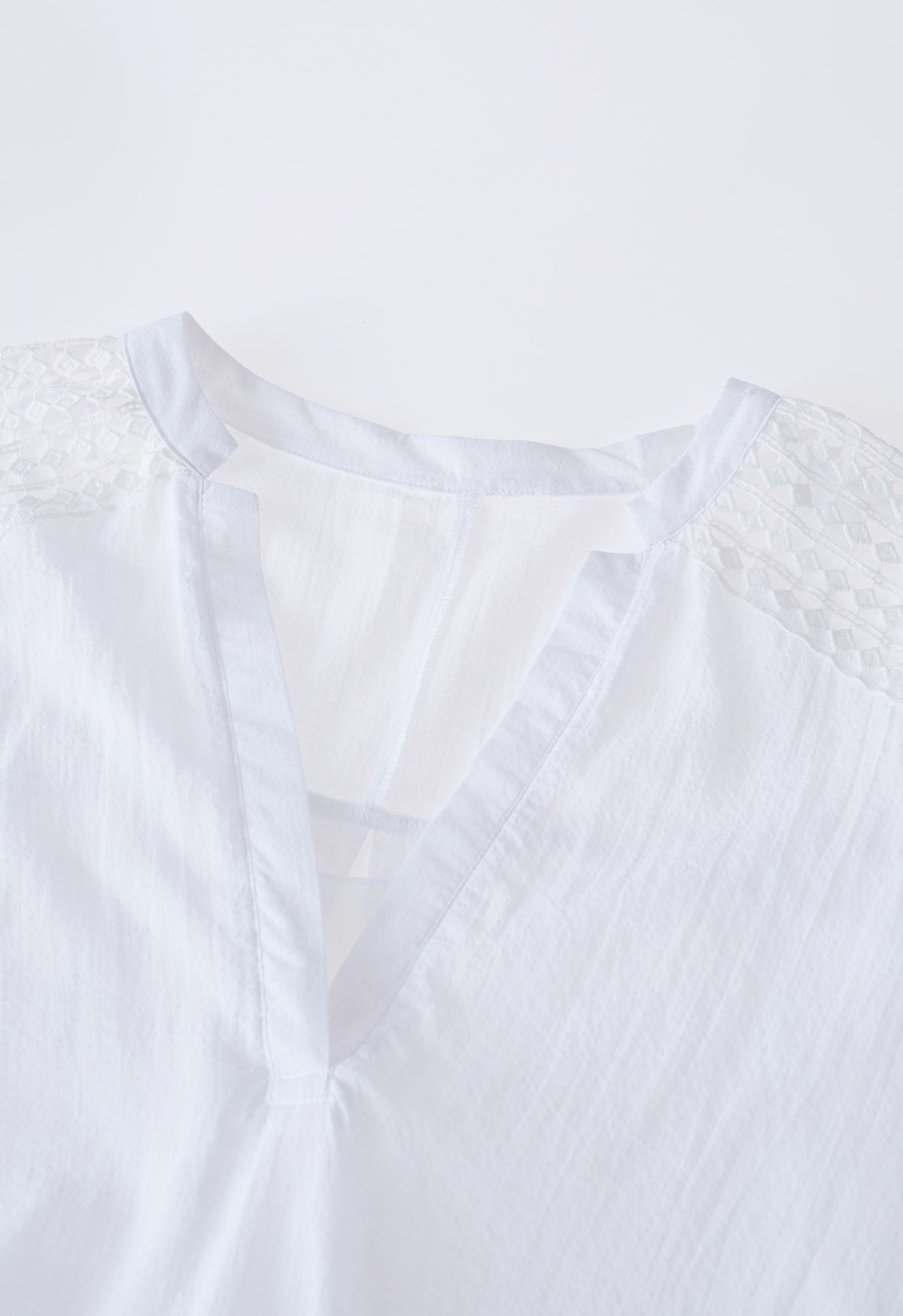 V-Neck Crochet Sleeve Cotton Top in White
