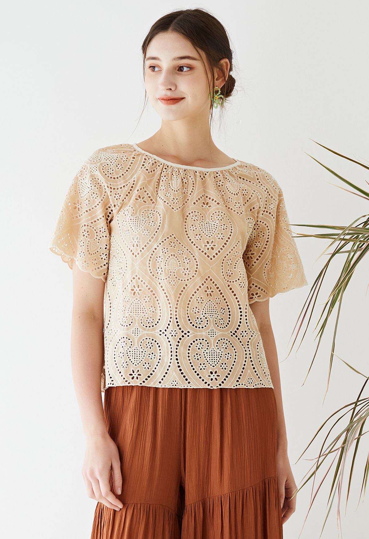 Beloved Heart Embroidered Eyelet Top in Apricot