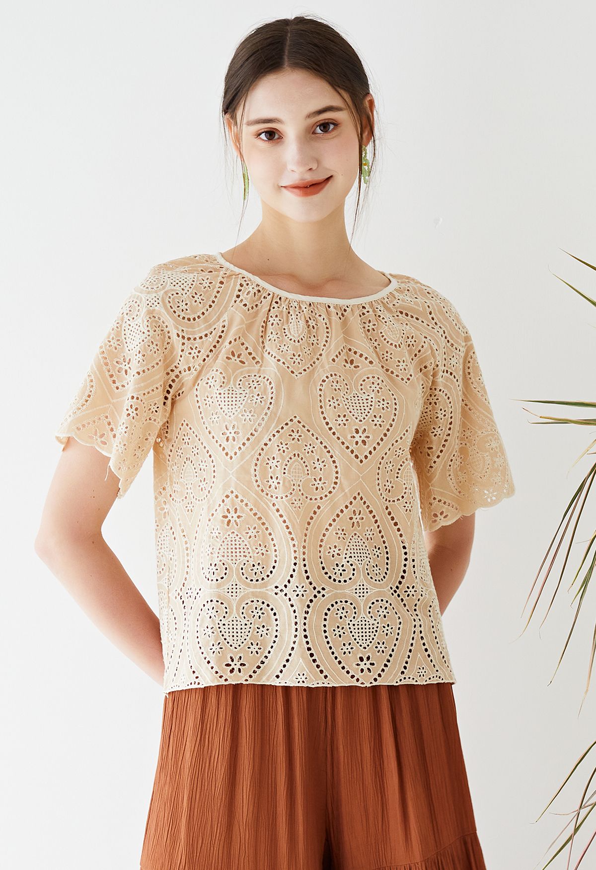 Beloved Heart Embroidered Eyelet Top in Apricot