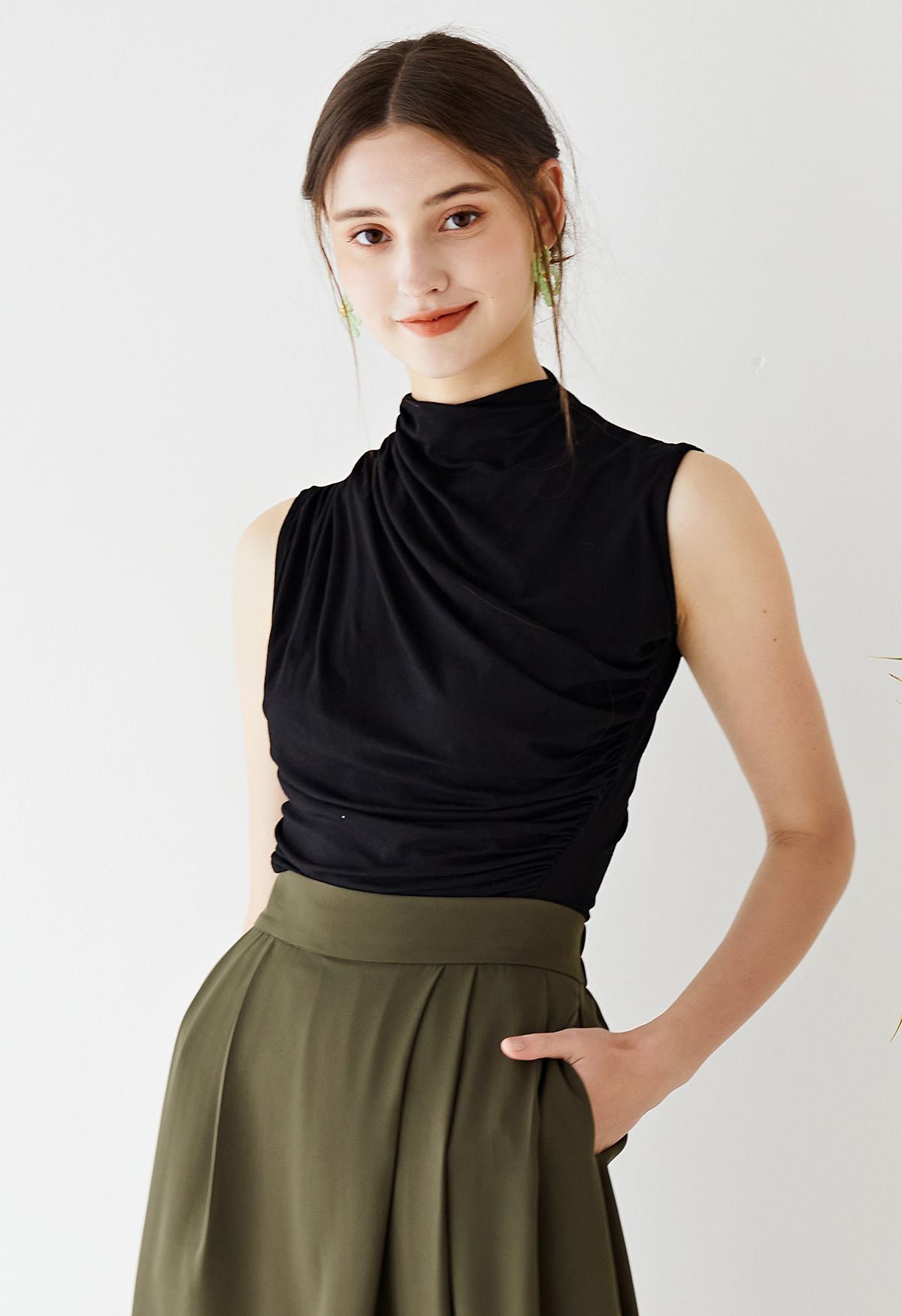 Ruched Detail Sleeveless Top in Black