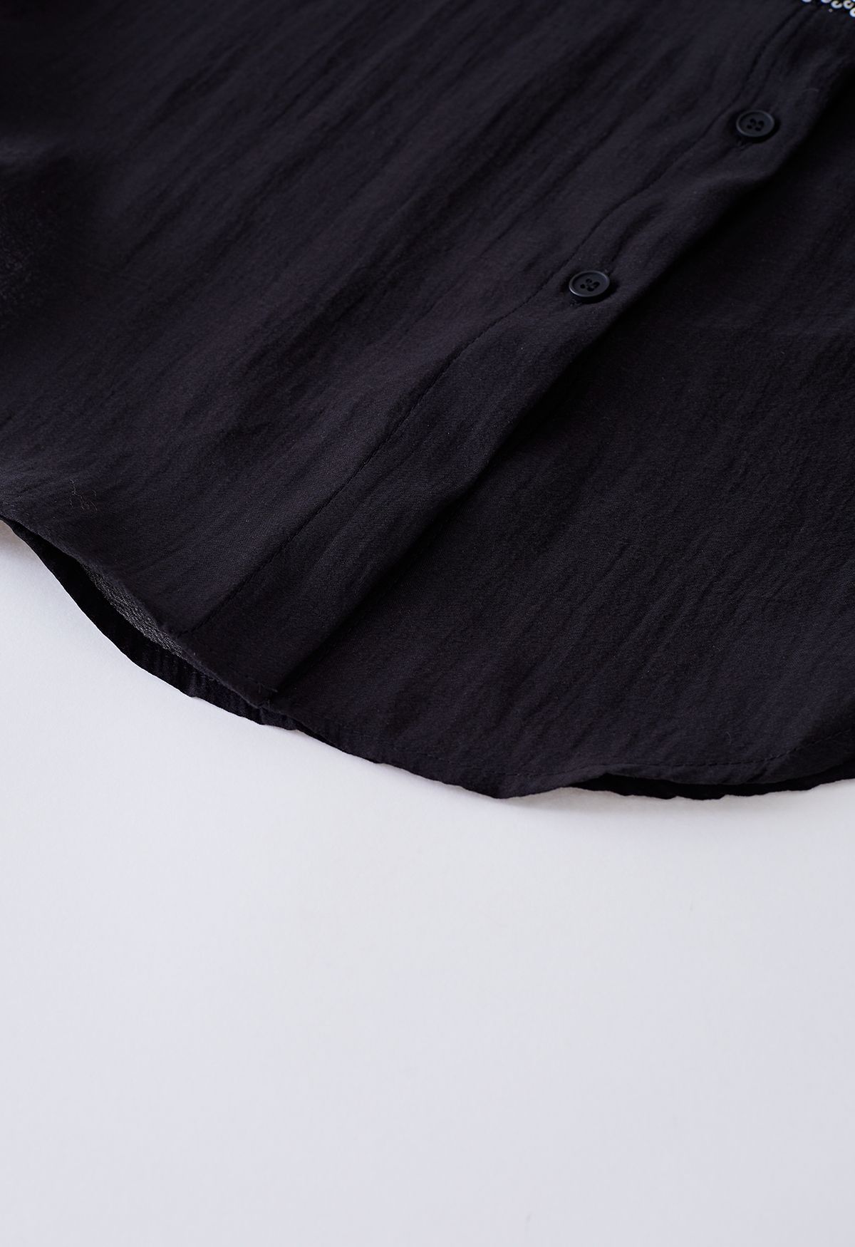 Sparkling Sequin Embellished Button Down Shirt in Black