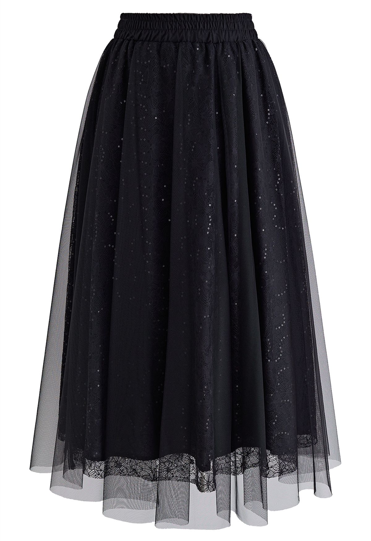 Sequined Floral Lace Mesh Tulle Skirt in Black