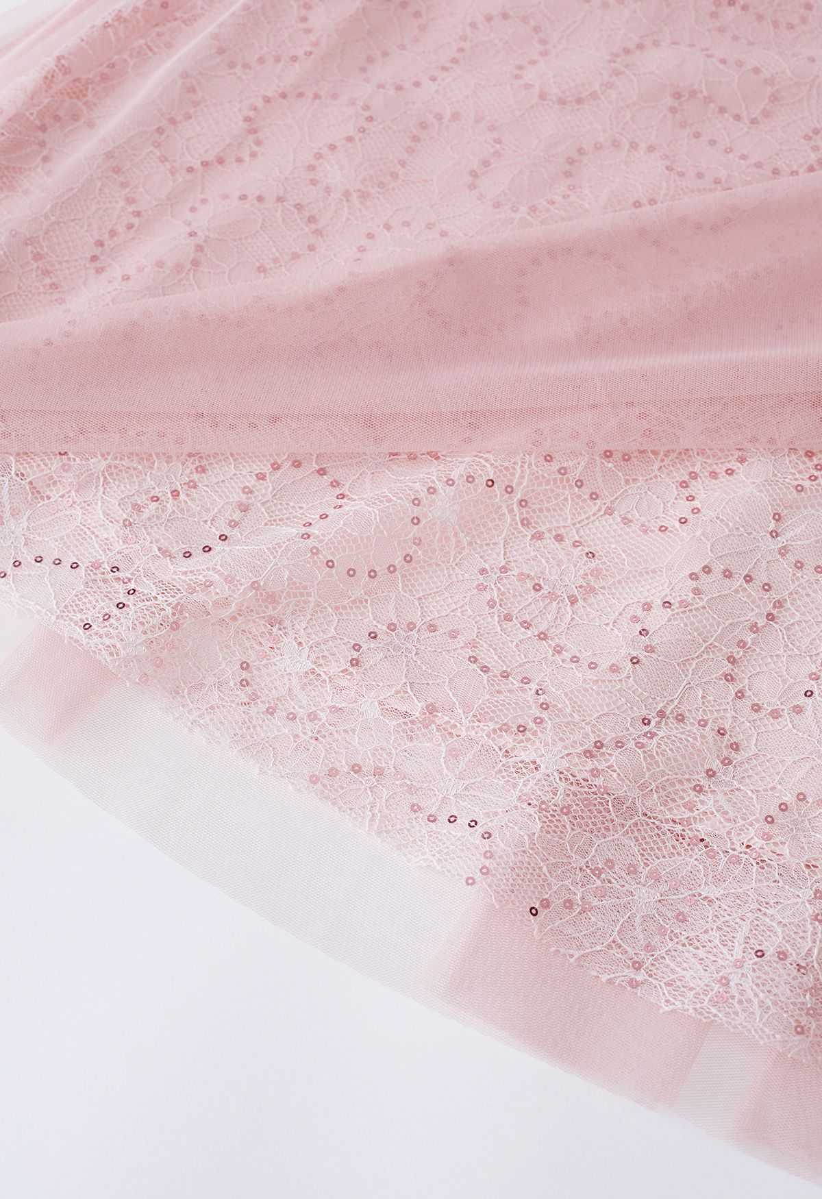 Sequined Floral Lace Mesh Tulle Skirt in Pink