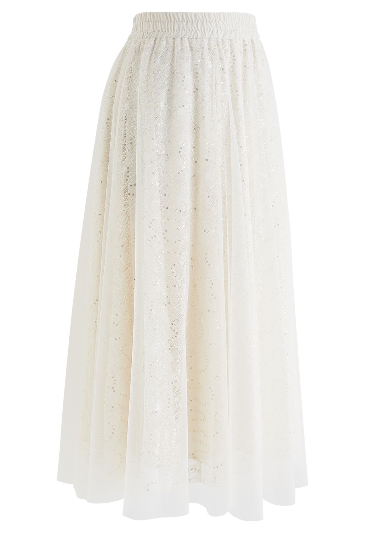 Sequined Floral Lace Mesh Tulle Skirt in Cream