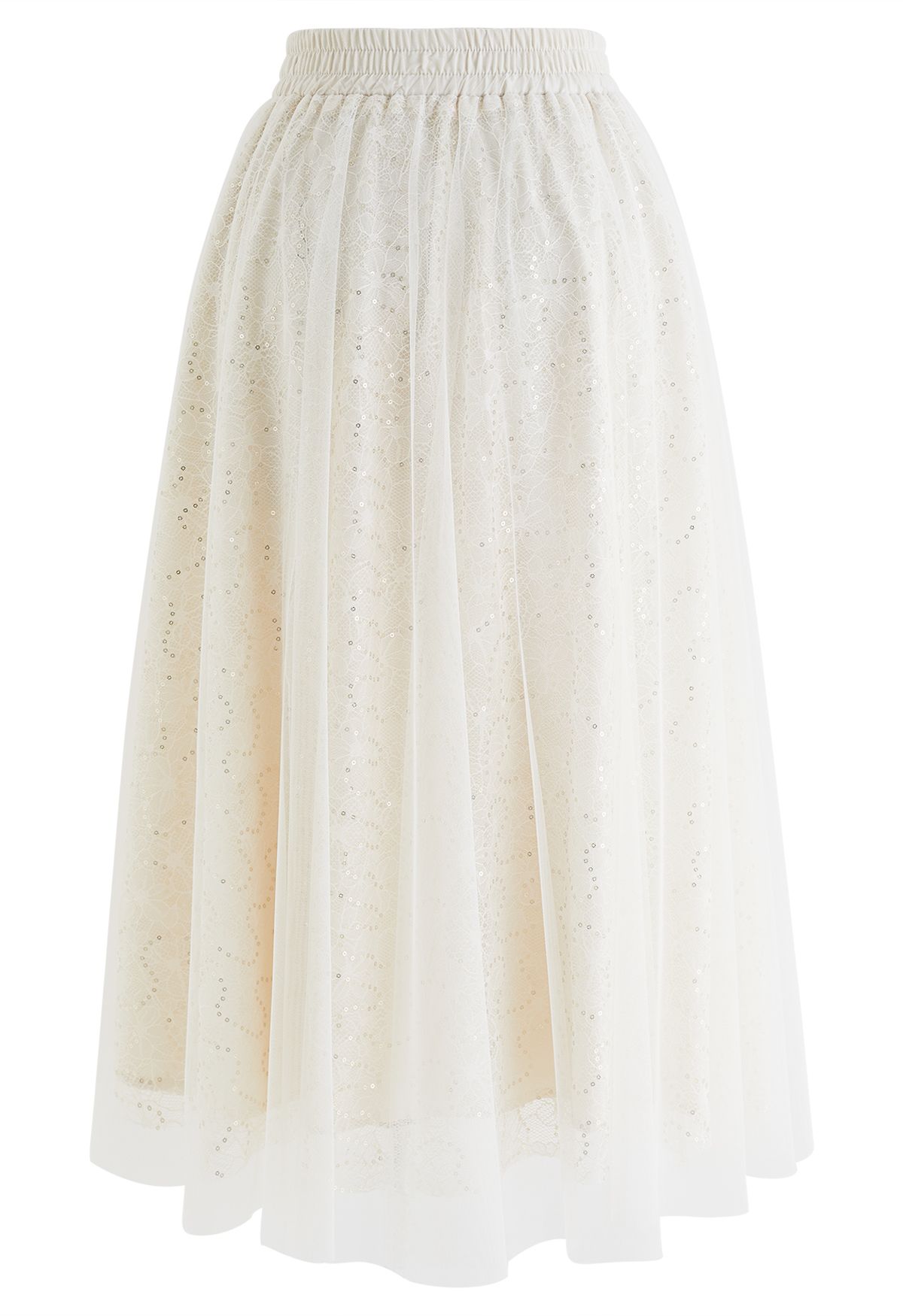 Sequined Floral Lace Mesh Tulle Skirt in Cream
