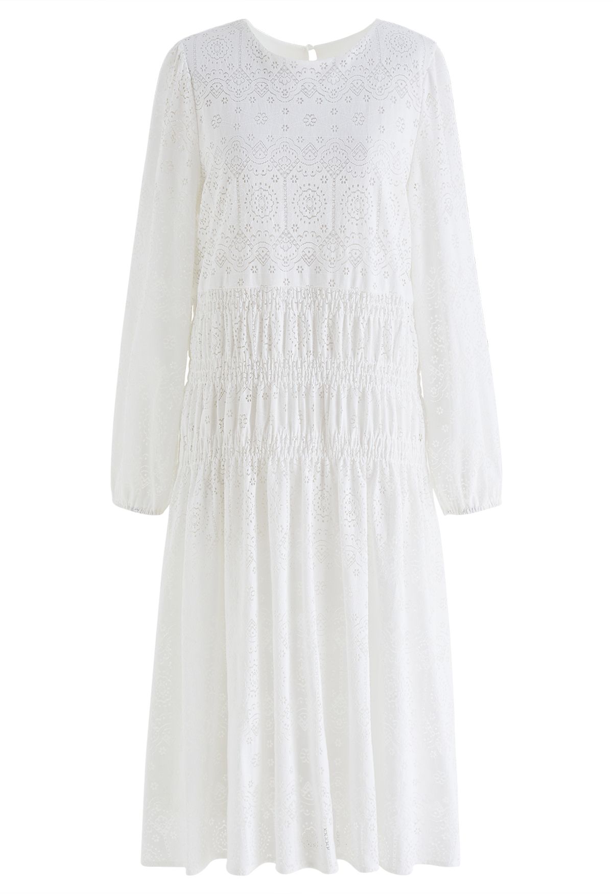 Delicate Floral Cutwork Midi Dress in White