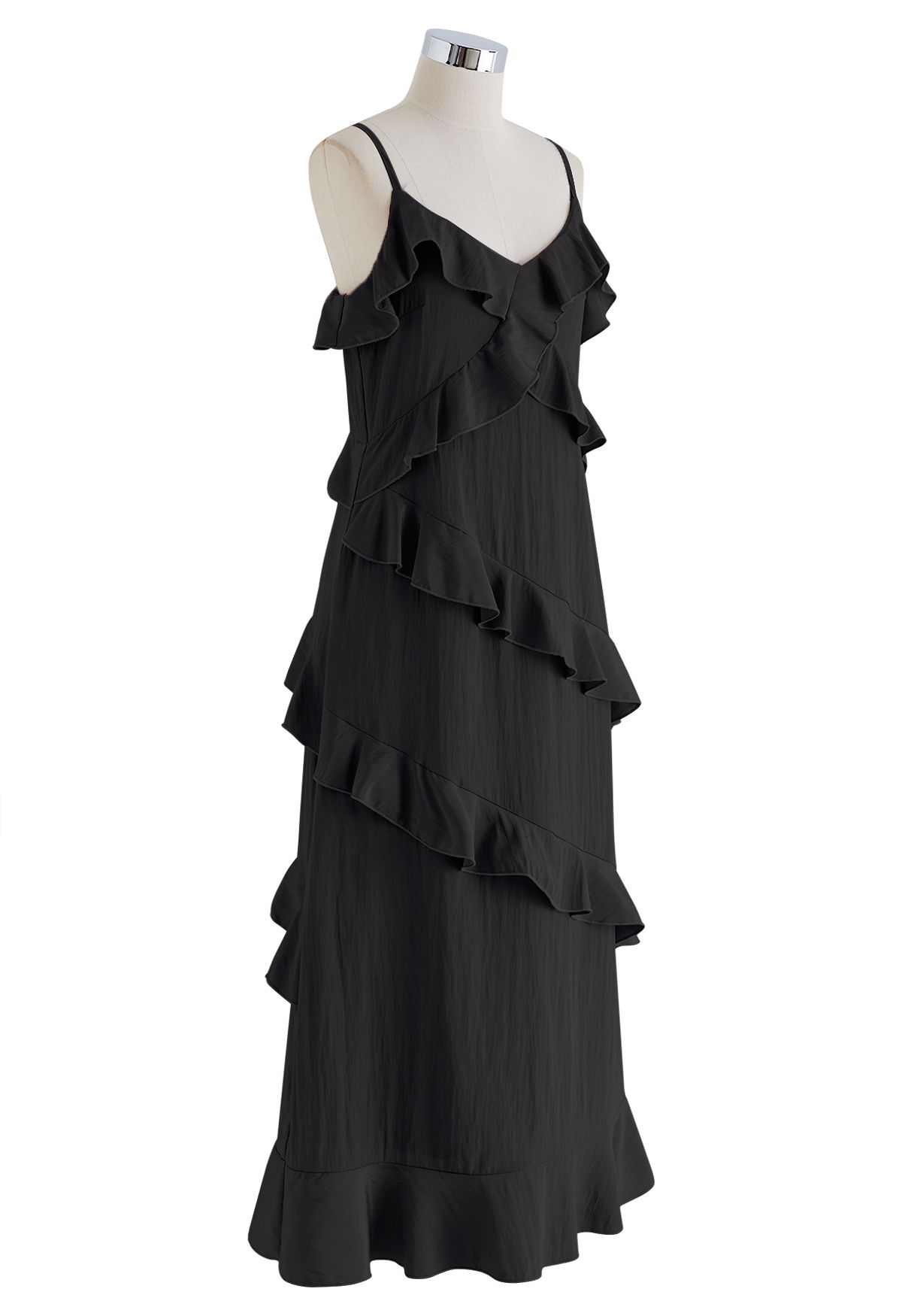 Side Slit Tiered Ruffle Cami Dress in Black