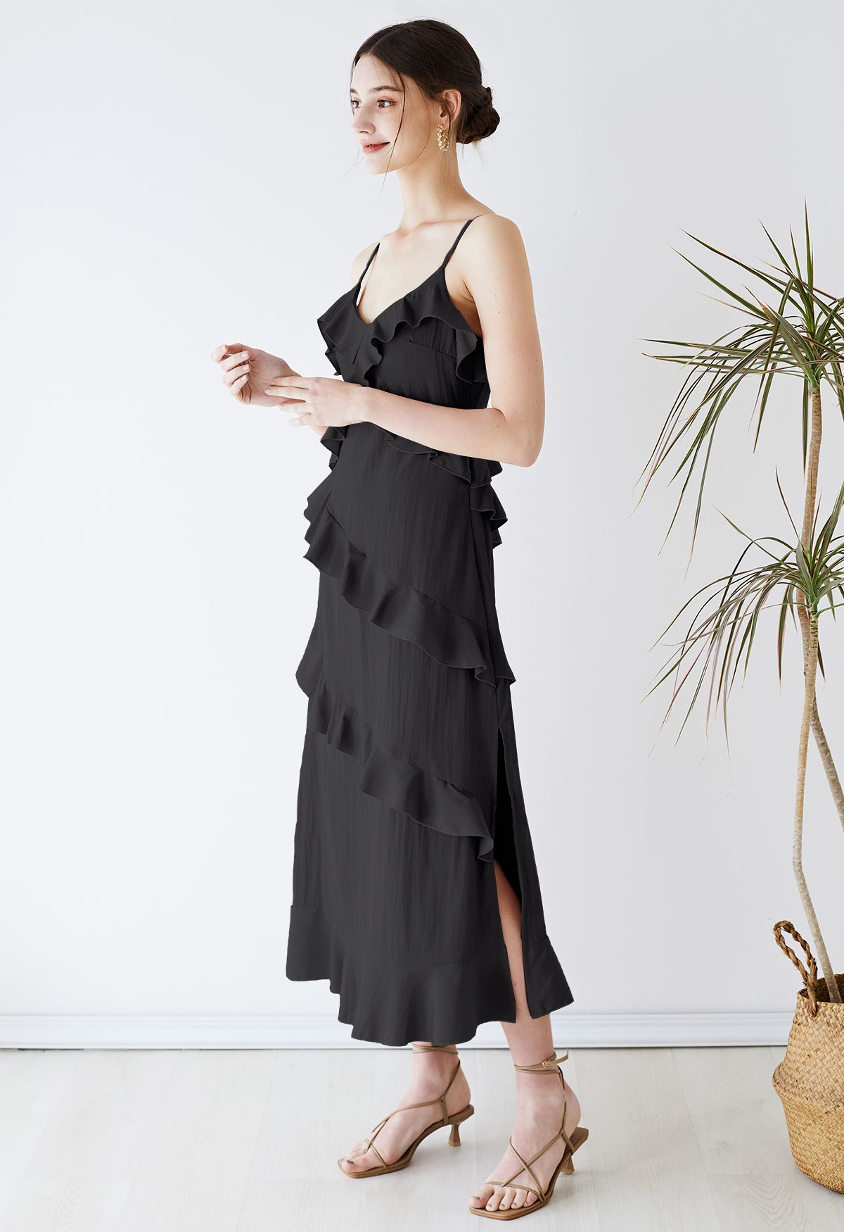 Side Slit Tiered Ruffle Cami Dress in Black
