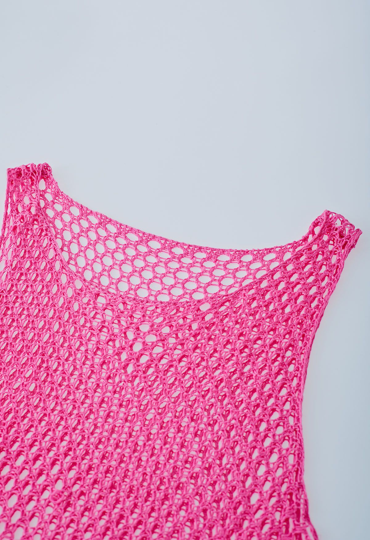 Tassel Hem Hollow Out Sleeveless Knit Cover Up in Hot Pink