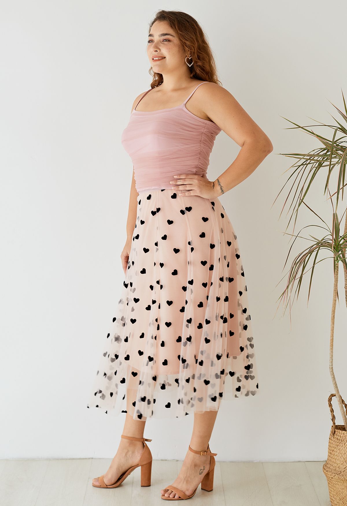 3D Heart Double-Layered Mesh Maxi Skirt in Blush Pink
