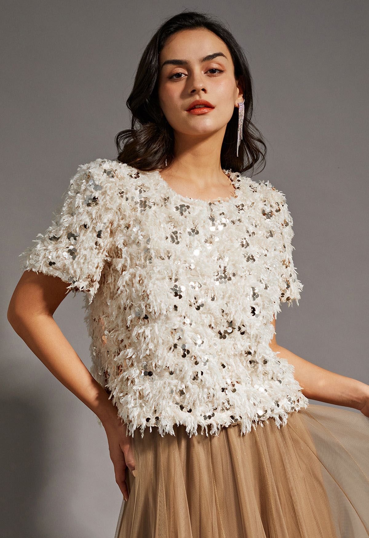 Sequin Embellished Feather Short-Sleeve Top - Retro, Indie and Unique ...