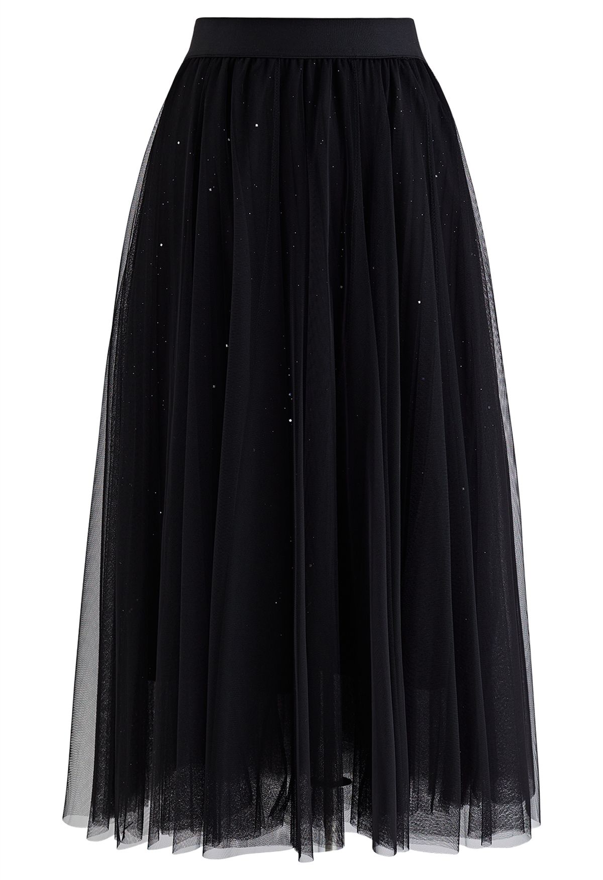 Venus Glitter Mesh Tulle Midi Skirt in Black
