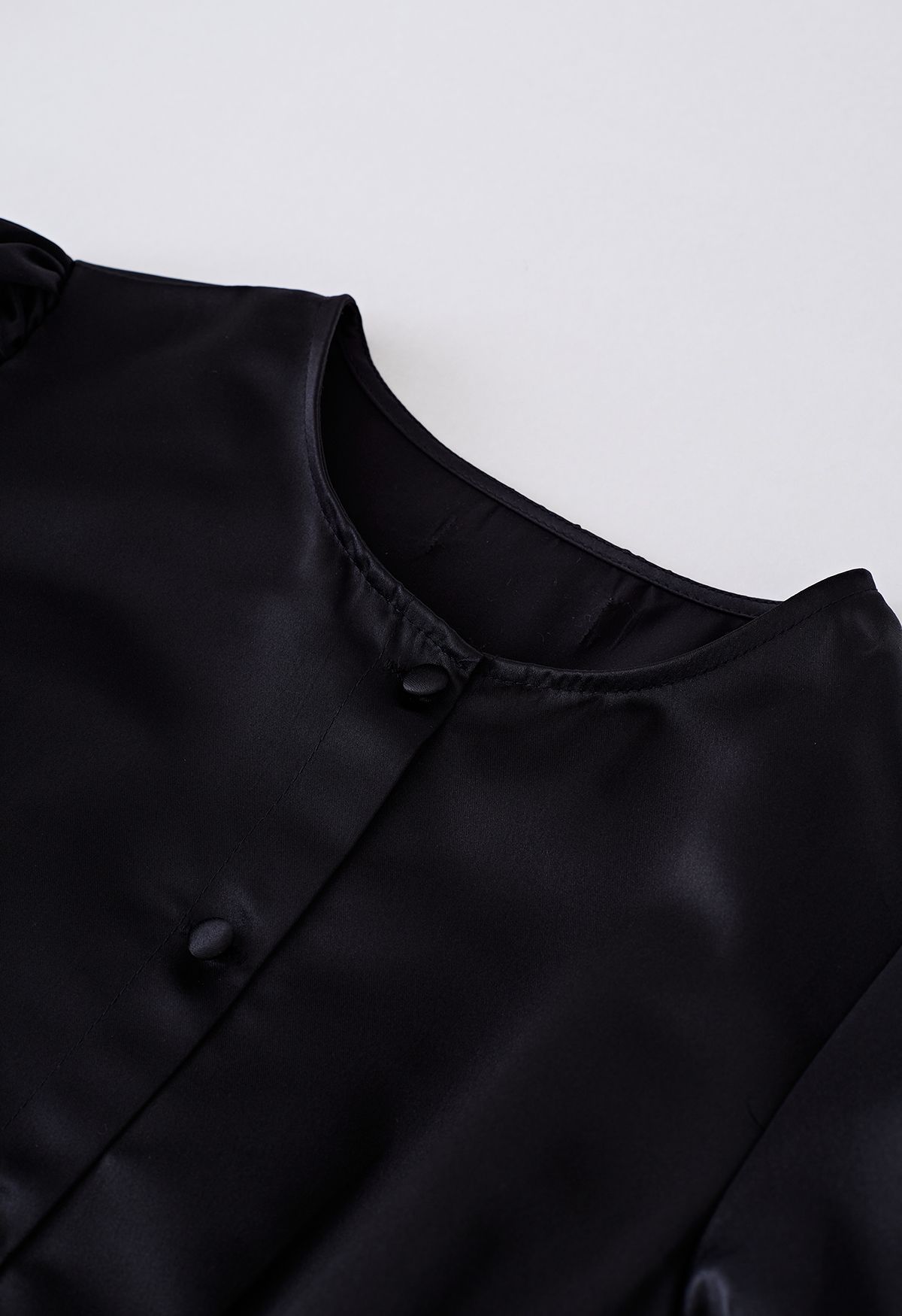 Glossy Satin Button Down Midi Dress in Black