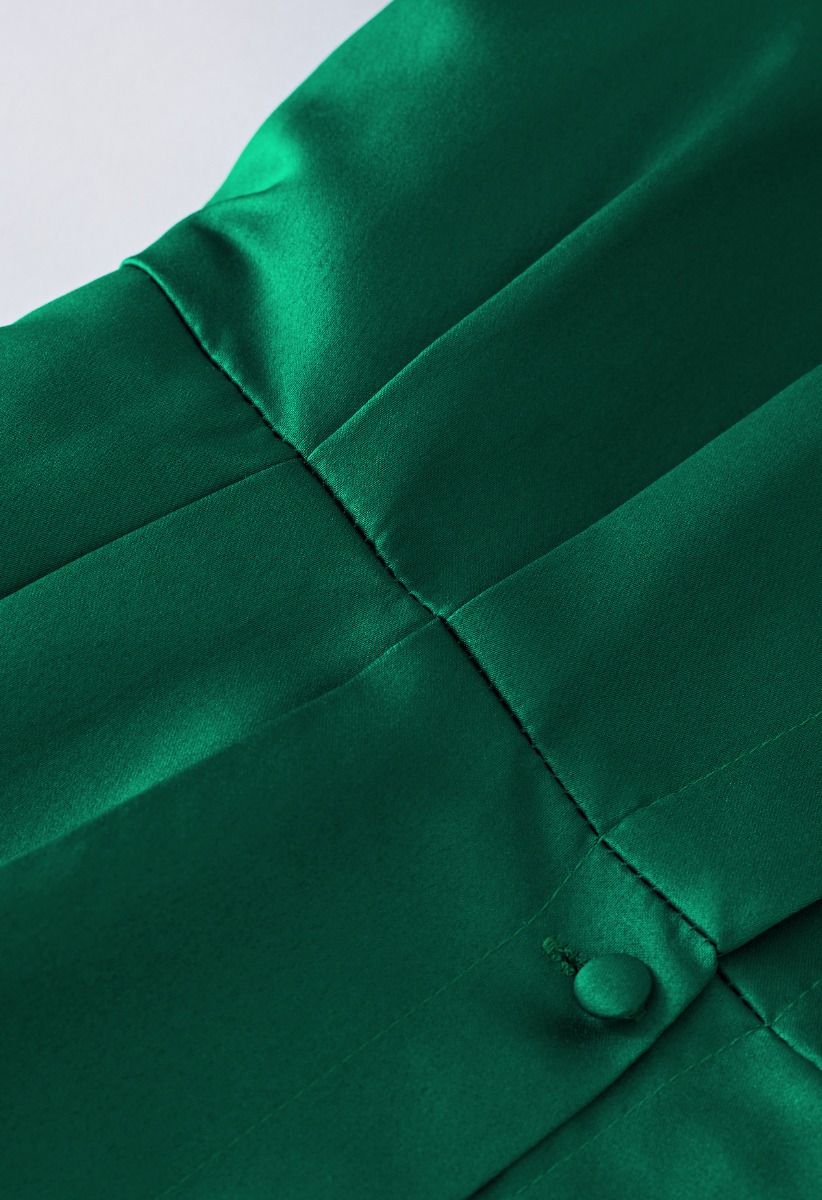 Glossy Satin Button Down Midi Dress in Emerald