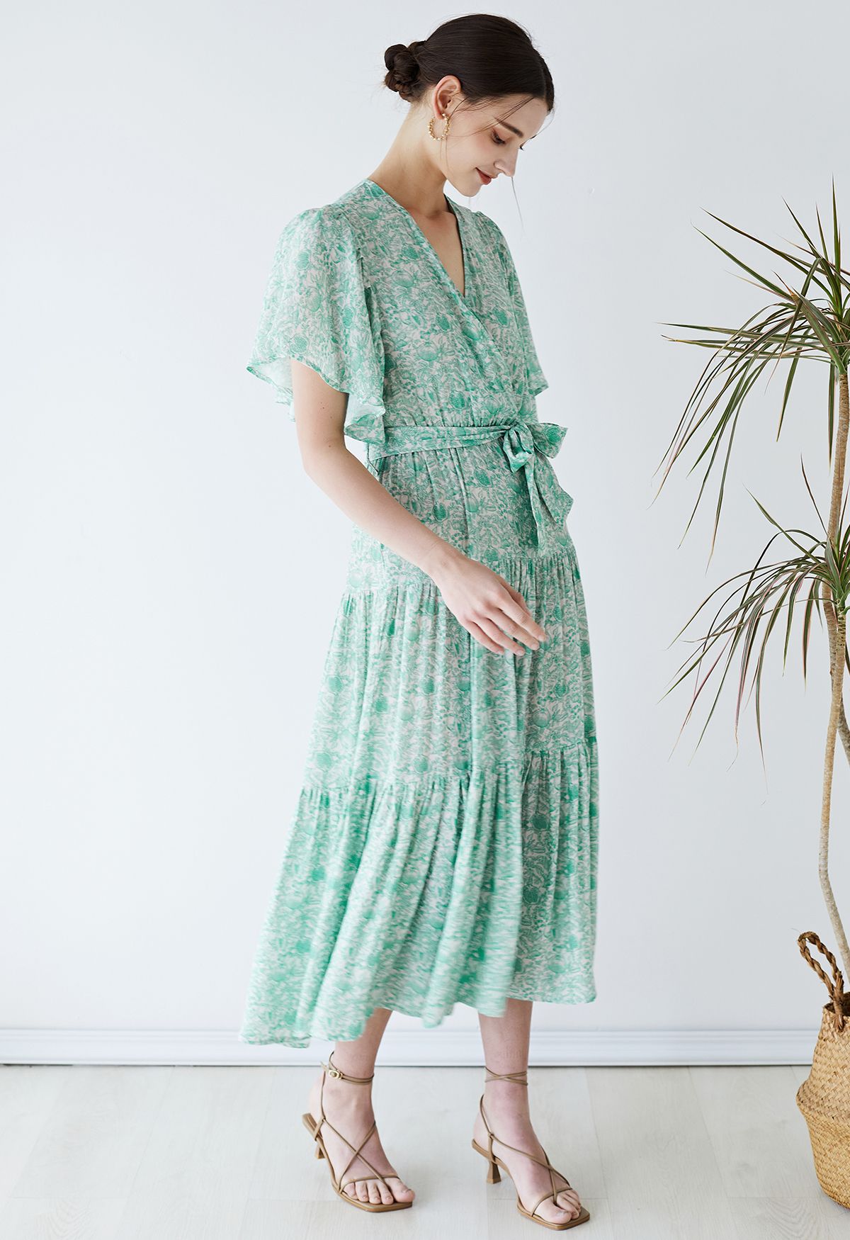 Greenery Flutter Sleeve Wrap Belted Dress - Retro, Indie and Unique Fashion