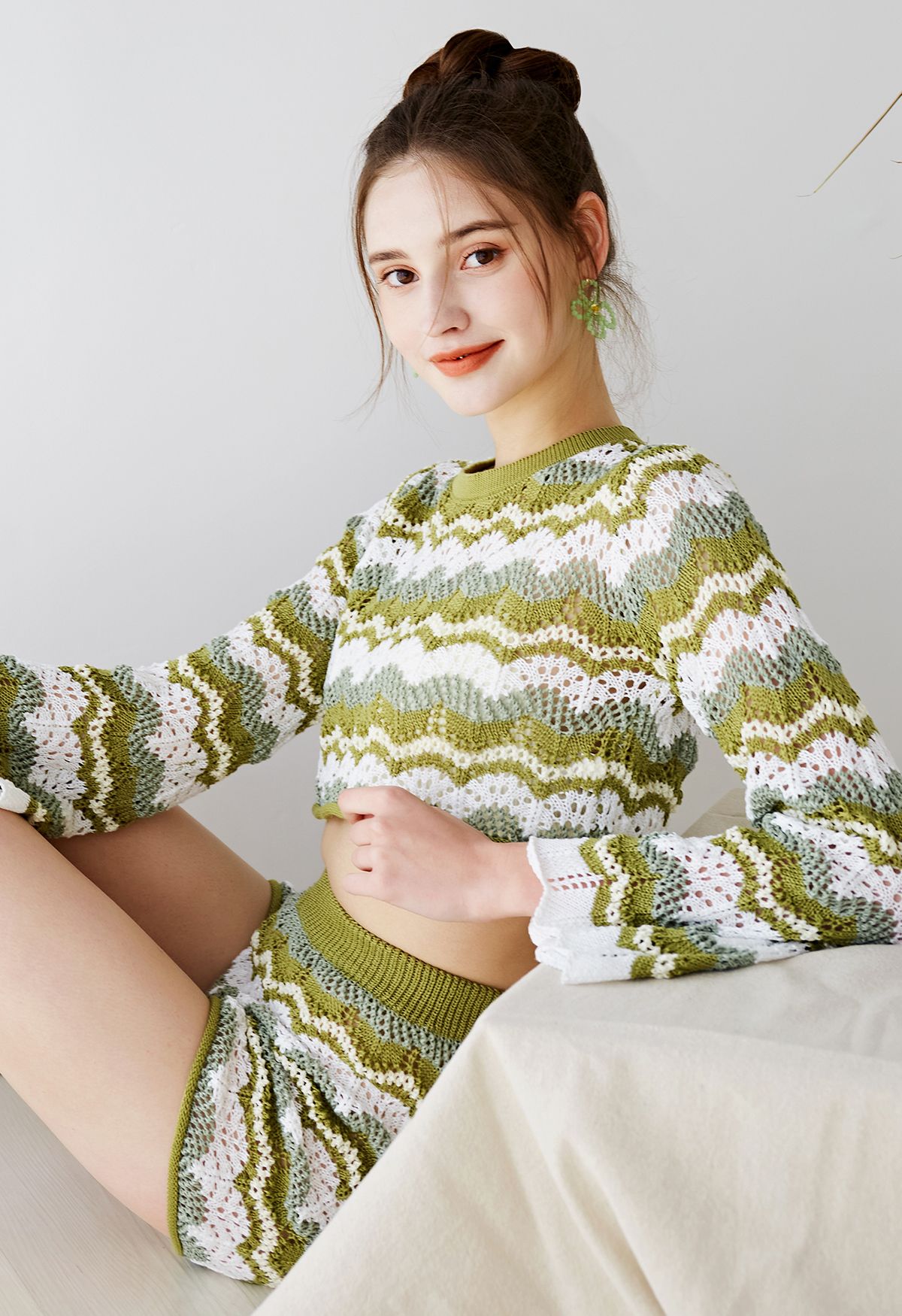 Wavy Striped Knit Crop Top and Shorts Set in Green