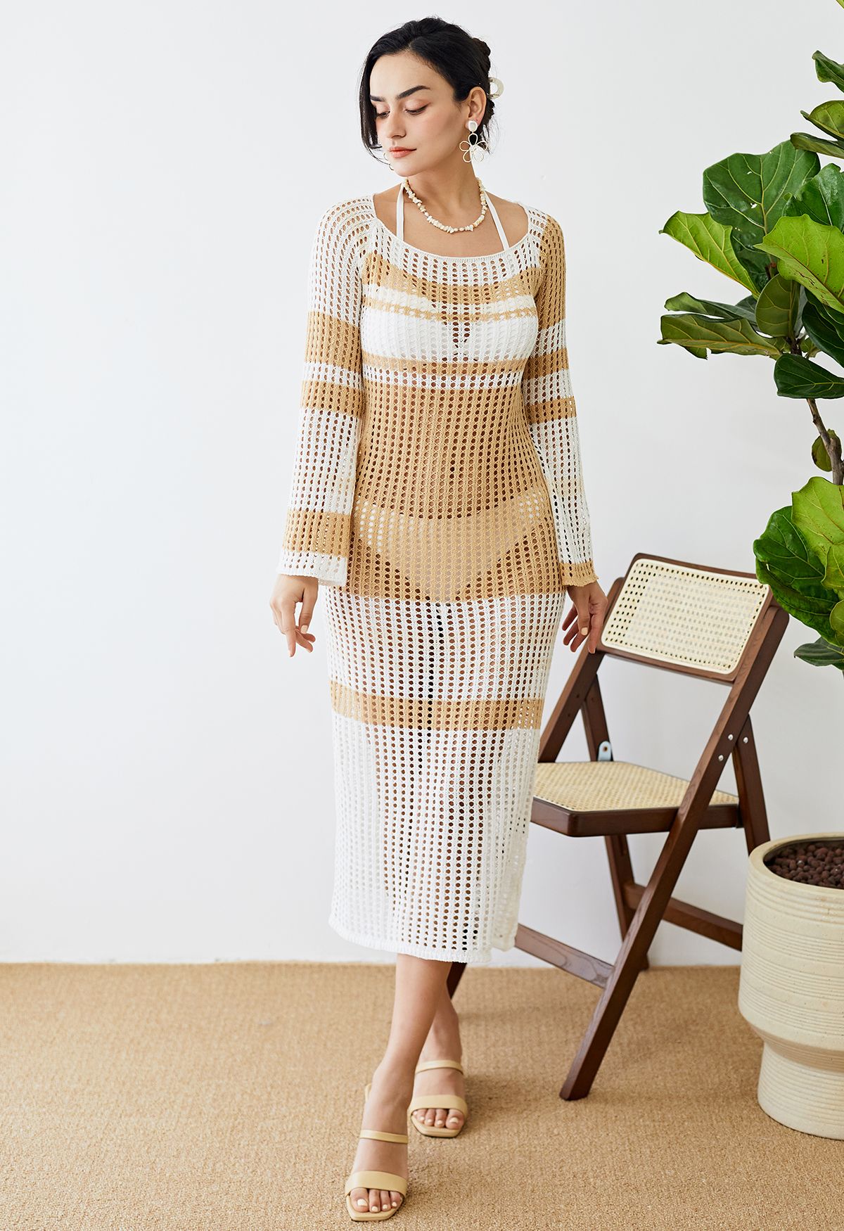 Light Tan Striped Hollow Out Knit Cover Up