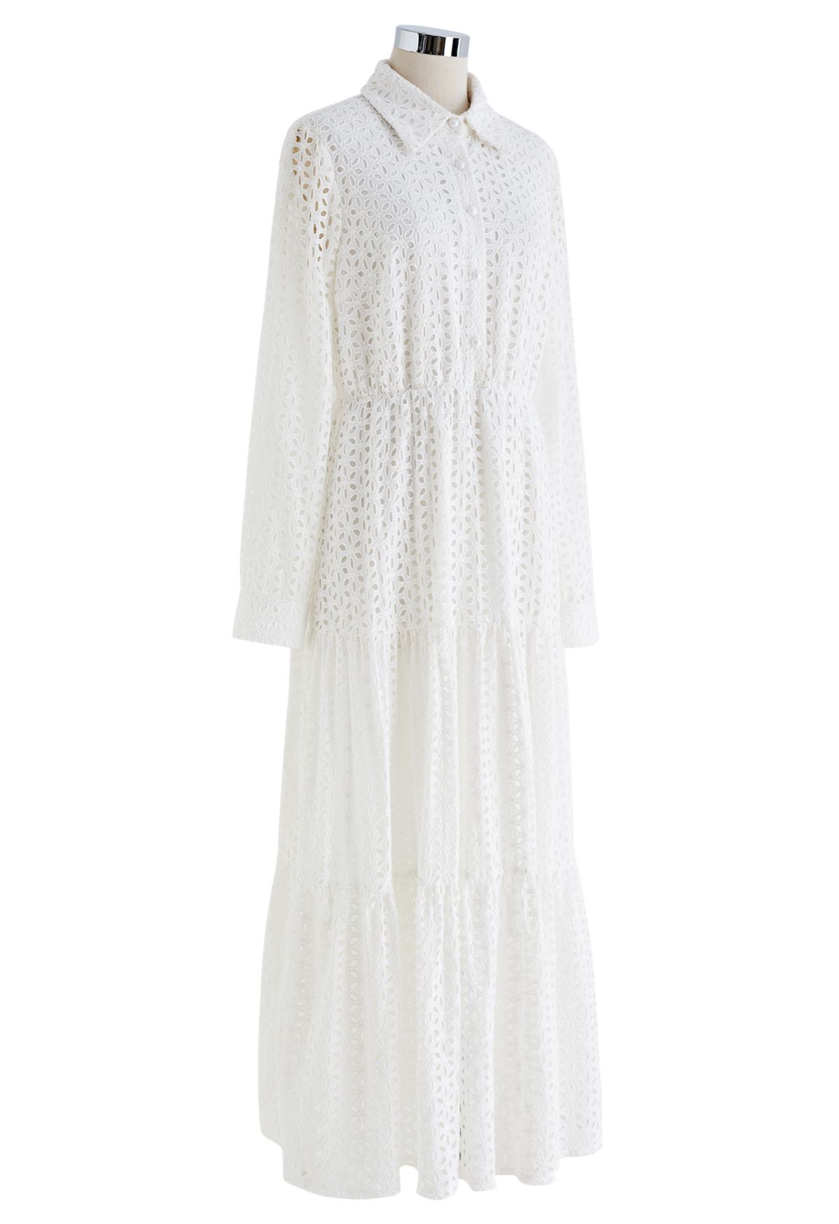 Pure White Floral Cutwork Frilling Maxi Dress