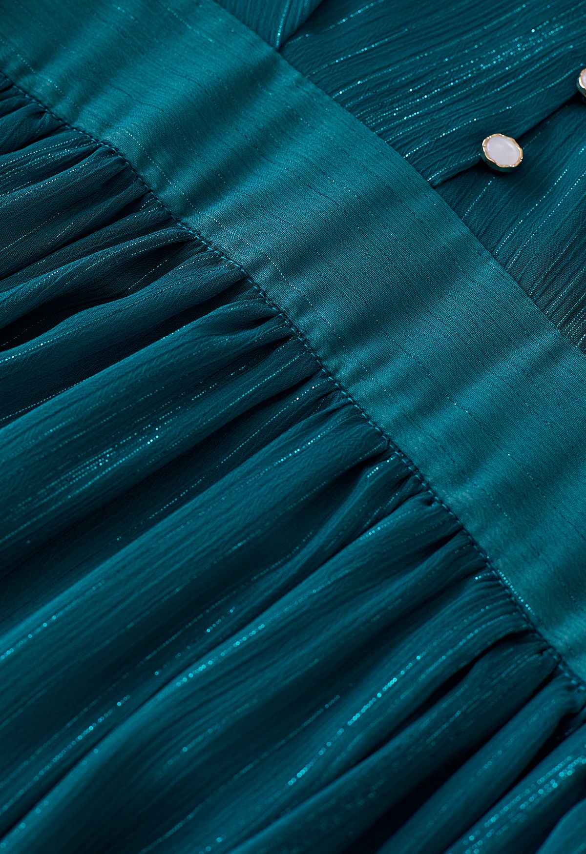 Metallic Shimmer Chiffon Ruffle Sleeve Maxi Dress in Emerald