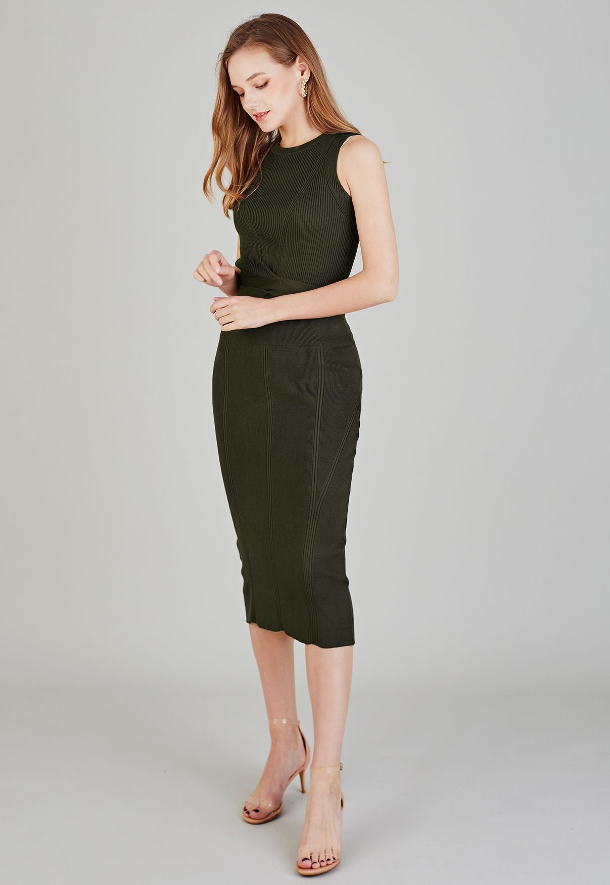 Tie Waist Knit Top and Pencil Skirt Set in Moss Green